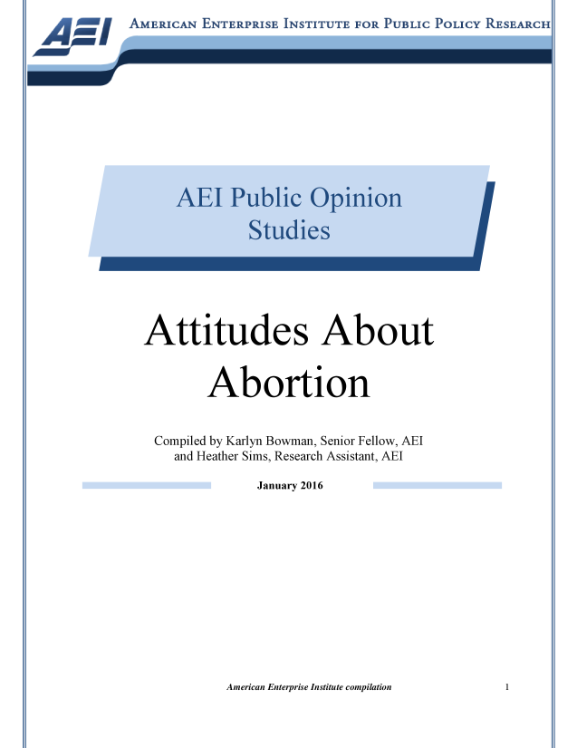 handle is hein.amenin/aeiaady0001 and id is 1 raw text is: , .pi      AMERICAN ENTERPRISE INSTITUTE FOR PUBLIC POLICY RESEARCH


Attitudes About


        Abortion


 Compiled by Karlyn Bowman, Senior Fellow, AEI
    and Heather Sims, Research Assistant, AEI

              January 2016


American Enterprise Institute compilation



