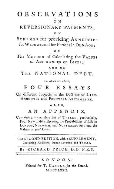 handle is hein.beal/obrevrspym0001 and id is 1 raw text is: 


OBSERVATIONS
                o N
 REVERSIONARY PAYMENTS;
                O N
SCHEMES for providing ANNUI'TIES
forWIDows, and for Perfons in OLD AGE;
                O N
The METHOD of Calculating the VALUES
      of ASSURANCES on LIVES;
              AND ON
  TrHE  NATIONAL        DEBT.

           To which are added,

   FOUR          ESSAYS
On different Subje&s in the Do~arine of LIFE
  ANNUITIES and POLITICAL ARITHMETICK.
              A L S 0,
     A N A P P E N D I X,
Containing a complete Set of TABLE S; particularly,
Four New Tables, fhewing the Probabilities of Life in
LONDON, NORWICH, and NORTHAMPTON; and the
Values of joint Lives.

The SECOND EDITION, with a SUPPLEMENT,
   Containing Additional OBSERVATIONS and TABLES.

 By RICHARD PRICE, D.D. F.R.S.


           LONDON:
    Printed for T. CADELL, in the Strand.
            M. DCC. LXXII.


