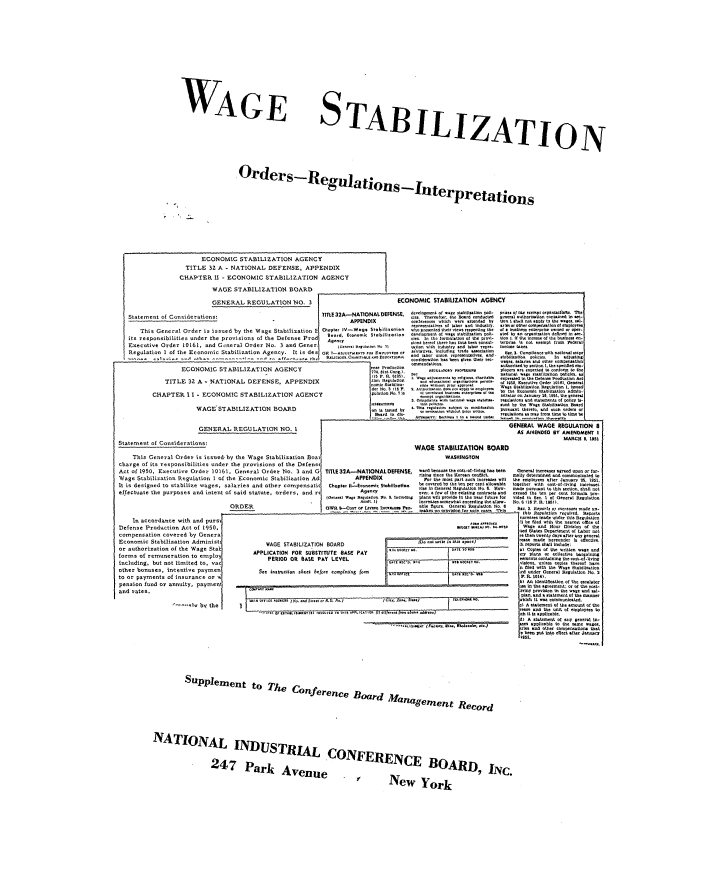 handle is hein.beal/wagstblz0001 and id is 1 raw text is: 




















WAGE


STABILIZATION


O  r e  r s P t e ul   a  i  o  n     - I t e r p r e t a t i o n s


       ECONOMIC STABILIZATION AGENCY
  TITLE  3Z A - NATIONAL   DEFENSE. APPENDIX

CHAPTER 11   - ECONOMIC   STABILIZATION AGENCY


                          WAGE   STABILIZATION   BOARD

                          GENERAL REGULATION NO. 3

Statement of Considerations:

    This General Order is issued by the Wage Stabilization E
its responsibilities under the provisions of the Defense Prod
Executive Order  10161, and Gneral  Order No.  3 and Gener
Regulation 1 of the Economic Stabilization Agency. It is des


                   ECONOMIC STABILIZATION AGENCY

              TITLE  32 A - NATIONAL DEFENSE, APPENDIX

          CHAPTER II - ECONOMIC STABILIZATION AGENCY

                        WAGE   STABILIZATION BOARD



                        GENERAL REGULATION NO. I

Statement of Considerations:

    This General  Order is issued by the Wage Stabilization Boar
charge of its responsibilities under the provisions of the Defense
Act of 1950, Executive Order 10161, General Order No.  3 and G
Wage  Stabilization Regulation I of the Economic Stabilization Ad
It is designed to stabilize wages, salaries and other compensatit
effectuate the purposes and intent of said statute, orders, and rt


                                  ORDER


    In accordance with and purs
Defense Production Act of 1950,
compensation  covered by Genera
Economic  Stabilization Administ
or authorization of the Wage Stal
forms of remuneration to emplo,
including, but not limited to, va<
other bonuses, incentive paymee
to or payments of insurance or v
pension fund or annuity, paymen
and rates.

                 --*-l   by the


ECONOMIC   STABILIZATION  AGEN


TITLE 32A-NATIONA DEFENSE,
        APPENDIX
Chapte IV-W.Vm albili-nise
Sooed. Economic Stabilization

00A.ocroreoeee       enr
ttoiAnc Caicg  e  soenc

       or7Asu ess Eroror  

               110. 3 E- 1c8P
               7i,4. . cats..
               ilco F.e FaL 615

               dry t.5 t?
               9.1.0-c N0. t ie
               aurnnwc  a

               on to tossed by
               Board ic I!,-


deo renht vf wag t tiowin ao-
    Tre  t  e on   rod. d
cmri-enc 'which wre itentd by
renserwittio f ot r and itr re.
ahtuesented their  t.e sscaein the
development  o n eIa  stiienaticn tre-
oiee  . to c  1-to 1  1oniiloC   tee tycol
X.   heeo thenr oas thas een cofl-
aatics with Indusiry and laboreeeaye
  U     'ot se.  c  s  in .t  et r
.od I0csen o crrgc ale. 0.
2Aneoitration h.es b  given t ntee-


-'   ceoaceu    nreon. eaiusu.
   gui. - Soon, 0 Oye
   .t -1ii 1-lc  0cC. c. -v 000 Sttn.roi
   i rcoreiagc. .n.s  orri.nsio tg
   nhoes  geais.o
I.n   eIiiO  oio  c vs coiensios


                            WAGE   STABILIZATION  BOAR
                                     WASHINGTON


TITLE 32A-NATIONAL DEFENSE,  naes bename the estiutal Ce Oes
         APPENDIXrin It- Re               oan nflict.
         cono  i Staifzation  tr the ost prt s h treasen wil
 Crnpt.l             t       b coered by tsr ten er nent atIoabte
                             wrtd ies et thtostolng50 has.e

               APlarie in Greeracegato No. 6. How-
                             ever, a few of the exating cntratts and
n Wars.ci     W. II fcotuscD   wianlH provide in the  sear future for
                             increases somewhat exceeding the allow.
OWR  e-Cose Sr LInr  Iesaso pro. nie  tro.  re e Re  gUlation No. I


                    sub.n autu r. sors





./n  etr  Mo       AE   se
   O et i         DAiaiti tER~toeDJa


I 1-1 -ILcrI    -  ngi 5  &D.coct


-rasor Is           'w 1~   ?11e~ssyssii diferact fm s...goles,


CY

eying:.   ta ecrteerp croftiots.  ow ot
r-   athoriztio    cntfined to W r


tecs: challssatc1 e se.t
rS, see Comianeitationalesoe
Ss   ero ict here m o n
trs  r it Re cn .     Iex 1e en
,edy  In iotreeat  Cel~roW
sone1  I tes.   -o  h buiesssot
etc.). rces sr silt -D1 4 Ir aea

gcbiltcatto, policies. tn adjtng1
wes   talais and other cntofpei-on
aoun by   seton 1 the s Ciet  en.d
latoers  art expeted  to cofn to te
national *age 'tiatcc POUCIec. U
expregsed I0nC the tre oC cucto Act
W.ge St6 ieic   oguisiss  t. Issuet
toy the Cicnne Oabiintico dm.s
itycior on j .naa, 26191 thet Siagcrgi
    eeu a nadnwttenebat tapller is-
 noad by she Wags Stabilization Board
 pursuiant thertet, and 5such orders or
 Fegsi~ticea s s oe te neb tinw e  ~  ...n


GENERAL   WAGE  REGULATION  8
   AD A  IED   BY AMENOMENT I






   General Increases agreed upon or for
   naily determined and communicated to
   the employees aftor January 25, 1951.
   together with cost-.living increast
   made Pursuant to this section, shall act
   exceed the ten per cent formula pro.
   vided in See. 1 of General Regulation
   No. 6 t16 e. It1951).
   go  . Report, orc ...ree nude ccs.
     ttis  Revartios  4rmrd. reaort
     ncress, made under this Resulation
     11 be ied with the nearest ofee of
0    Wags and Hour Division of the
    tied States Department of Lanr not
    ye tha twenty days after any gerral
    rease made hereisder is etective.
    lh reports shall itude:
    a) Coties of the written age and
    try Picns or collective brgainng
    coents containing the cost-of-livin
    vionas. unless coies thereof have
    n iled with the Wae Stabilization
    ad under General Resolation No, 2
    P.  R.1014)
    b) Aa Identification of the escalator
    no In the agteemest; or of the ast-
    iine provision in the wage and sal-
    pan  nd a stateont ot te manner
    which tt eiss nornruninotei.
    c) A atatement of the amaunt of the
    - rent and te aunit of e ployees to
    o.h it to ppilliabt.
    d) A atatement 1 any geceratl I.-
S     se applicable to the same wages,
    tres and other comperntiona that
    e   hea pt Into efect after January
         *--sut.


          Supplement to The Conference Board Manage, . t Record










NATIONAL aNDUSTRIAL CONFERENCE BOARD, INc.



                  247 Park Avenue                                        1New York


    WAGE STABILIZATION BOARD
APPLICATION FOR SUBSTfTUTE BASE PAY
     PERIOD OR BASE PAY LEVEL

  See instruestios seet before completing forn


-     ---   - -  co.ie. u. 141%Ir Inch c-I -Is


7


C


lorlara'..


