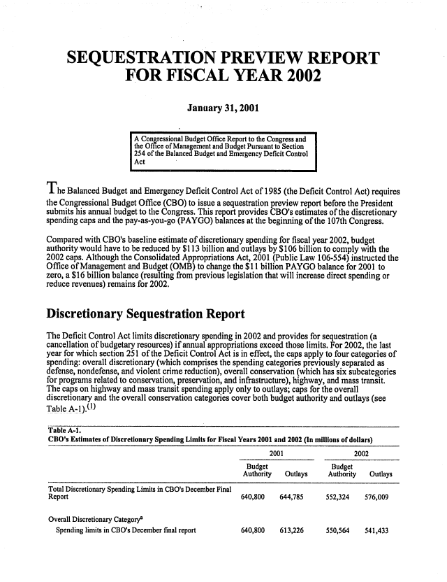 handle is hein.congrec/cbo06792 and id is 1 raw text is: 




     SEQUESTRATION PREVIEW REPORT
                    FOR FISCAL YEAR 2002


                                    January 31, 2001


                      A Congressional Budget Office Rep o to the Congress and
                      the Office of Management and Budget Pursuant to Section
                      254 of the Balanced Budget and Emergency Deficit Control
                      Act


The Balanced Budget and Emergency Deficit Control Act of 1985 (the Deficit Control Act) requires
the Congressional Budget Office (CBO) to issue a sequestration preview report before the President
submits his annual budget to the Congress. This report provides CBO's estimates of the discretionary
spending caps and the pay-as-you-go (PAYGO) balances at the beginning of the 107th Congress.

Compared with CBO's baseline estimate of discretionary spending for fiscal year 2002, budget
authority would have to be reduced by $113 billion and outlays by $106 billion to comply with the
2002 caps. Although the Consolidated Appropriations Act, 2001 (Public Law 106-554) instructed the
Office of Management and Budget (OMB) to change the $11 billion PAYGO balance for 2001 to
zero, a $16 billion balance (resulting from previous legislation that will increase direct spending or
reduce revenues) remains for 2002.


Discretionary Sequestration Report

The Deficit Control Act limits discretionary spending in 2002 and provides for sequestration (a
cancellation of budgetary resources) if annual appropriations exceed those limits. For 2002, the last
year for which section 251 of the Deficit Control Act is in effect, the caps apply to four categories of
spending: overall discretionary (which comprises the spending categories previously separated as
defense, nondefense, and violent crime reduction), overall conservation (which has six subcategories
for programs related to conservation, preservation, and infrastructure), highway, and mass transit.
The caps on highway and mass transit spending apply only to outlays; caps for the overall
discretionary and the overall conservation categories cover both budget authority and outlays (see
Table A-).(0)
Table A-i.
CBO's Estimates of Discretionary Spending Limits for Fiscal Years 2001 and 2002 (In millions of dollars)
                                                         2001                 2002
                                                   Budget                Budget
                                                   Authority Outlays    Authority Outlays
 Total Discretionary Spending Limits in CBO's December Final
 Report                                           640,800  644,785     552,324   576,009

 Overall Discretionary Category'
   Spending limits in CBO's December final report 640,800   613,226    550,564   541,433


