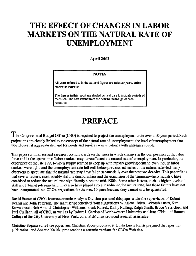 handle is hein.congrec/cbo0705 and id is 1 raw text is: 



           THE EFFECT OF CHANGES IN LABOR

         MARKETS ON THE NATURAL RATE OF

                               UNEMPLOYMENT


                                            April 2002


                                              NOTES
                        All years referred to in the text and figures are calendar years, unless
                        otherwise indicated.
                        The figures in this report use shaded vertical bars to indicate periods of
                        recession. The bars extend from the peak to the trough of each
                        recession.



                                        PREFACE

The Congressional Budget Office (CBO) is required to project the unemployment rate over a 10-year period. Such
projections are closely linked to the concept of the natural rate of unemployment, the level of unemployment that
would occur if aggregate demand for goods and services was in balance with aggregate supply.

This paper summarizes and assesses recent research on the ways in which changes in the composition of the labor
force and in the operation of labor markets may have affected the natural rate of unemployment. In particular, the
experience of the late 1990s--when supply seemed to keep up with rapidly growing demand even though labor
markets were tight, and the unemployment rate fell well below previous estimates of the natural rate--led many
observers to speculate that the natural rate may have fallen substantially over the past two decades. This paper finds
that several factors, most notably shifting demographics and the expansion of the temporary-help industry, have
combined to reduce the natural rate significantly since the mid-I 980s. Some other factors, such as higher levels of
skill and Internet job searching, may also have played a role in reducing the natural rate, but those factors have not
been incorporated into CBO's projections for the next 10 years because they cannot now be quantified.

David Brauer of CBO's Macroeconomic Analysis Division prepared this paper under the supervision of Robert
Dennis and John Peterson. The manuscript benefited from suggestions by Arlene Holen, Deborah Lucas, Kim
Kowalewski, Bob Arnold, Christopher Williams, Frank Russek, Kathy Ruffing, Ralph Smith, Bruce Vavrichek, and
Paul Cullinan, all of CBO, as well as by Robert J. Gordon of Northwestern University and June O'Neill of Baruch
College at the City University of New York. John McMurray provided research assistance.

Christine Bogusz edited the paper, and Christian Spoor proofread it. Linda Lewis Harris prepared the report for
publication, and Annette Kalicki produced the electronic versions for CBO's Web site.


