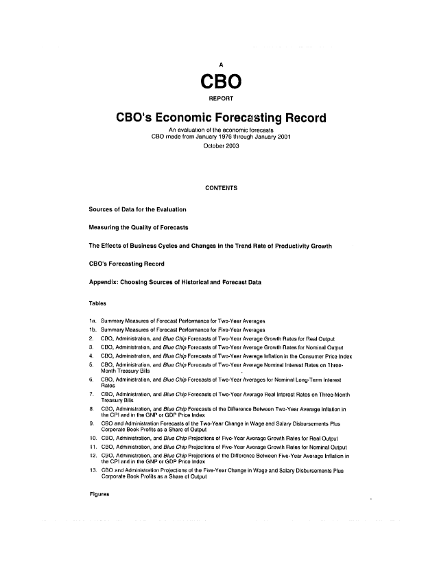handle is hein.congrec/cbo0760 and id is 1 raw text is: 










                                        CBO
                                           REPORT


          CBO's Economic Forecasting Record
                            An evaluation ot the economic forecasts
                      CBO made from January 1976 through January 2001
                                         October 2003





                                         CONTENTS


Sources of Data for the Evaluation

Measuring the Quality of Forecasts

The Effects of Business Cycles and Changes in the Trend Rate of Productivity Growth

CBO's Forecasting Record

Appendix: Choosing Sources of Historical and Forecast Data


Tables

la. Summary Measures of Forecast Performance for Two-Year Averages
lb. Summary Measures of Forecast Performance for Five-Year Averages
2. CBO, Administration, and Blue Chip Forecasts of Two-Year Average Growth Rates for Real Output
3. COO, Administration, and Blue Chip Forecasts of Two-Year Average Growlh Rates for Nominal Output
4. COO, Administration, and Blue Chip Forecasts of Two-Year Average Inflation in the Consumer Price Index
5. CBO, Administration, and Blue Chip Forecasts of Two-Year Average Nominal Interest Rates on 1hree-
    Month Treasury Bills
6   CBO, Administration, and Blue Chip Forecasts of Two-Year Averages for Nominal Long-Term Interest
    Rates
7. CBO, Administration, and Blue Chip Forecasts of Two-Year Average Heal Interest Rates on Three-Month
    Treasury Bills
8. CIO, Administration, and Blue Chip Forecasts of the Difference Between Two-Year Average Inflation in
    the CPI and in the GNP or GDP Price Index
9. CBO and Administration Forecasts of the Two-Year Change in Wage and Salary Disbursements Plus
    Corporate Book Profits as a Share of Output
 10. CBO, Administration, and Blue Chip Projections of Five-Year Average Growth Rates for Real Output
 11. COO, Administration, and Blue Chip Projections of Five-Year Average Growth Rates for Nominal Output
 12. CBO, Administration, and Blue Chip Projections of the Difference Between Five-Year Average Inflation in
    the CPI and in ihe GNP or GDP Price Index
13. COO and Administration Projections of the Five-Year Change in Wage and Salary Disbursements Plus
     Corporate Book Profits as a Share of Output


Figures


