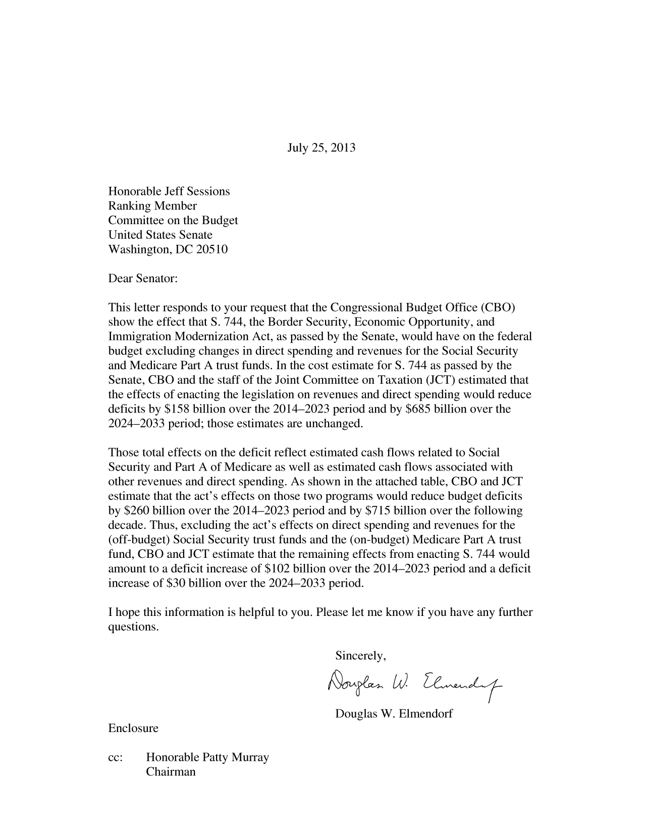 handle is hein.congrec/cbo1742 and id is 1 raw text is: July 25, 2013

Honorable Jeff Sessions
Ranking Member
Committee on the Budget
United States Senate
Washington, DC 20510
Dear Senator:
This letter responds to your request that the Congressional Budget Office (CBO)
show the effect that S. 744, the Border Security, Economic Opportunity, and
Immigration Modernization Act, as passed by the Senate, would have on the federal
budget excluding changes in direct spending and revenues for the Social Security
and Medicare Part A trust funds. In the cost estimate for S. 744 as passed by the
Senate, CBO and the staff of the Joint Committee on Taxation (JCT) estimated that
the effects of enacting the legislation on revenues and direct spending would reduce
deficits by $158 billion over the 2014-2023 period and by $685 billion over the
2024-2033 period; those estimates are unchanged.
Those total effects on the deficit reflect estimated cash flows related to Social
Security and Part A of Medicare as well as estimated cash flows associated with
other revenues and direct spending. As shown in the attached table, CBO and JCT
estimate that the act's effects on those two programs would reduce budget deficits
by $260 billion over the 2014-2023 period and by $715 billion over the following
decade. Thus, excluding the act's effects on direct spending and revenues for the
(off-budget) Social Security trust funds and the (on-budget) Medicare Part A trust
fund, CBO and JCT estimate that the remaining effects from enacting S. 744 would
amount to a deficit increase of $102 billion over the 2014-2023 period and a deficit
increase of $30 billion over the 2024-2033 period.
I hope this information is helpful to you. Please let me know if you have any further
questions.
Sincerely,
Douglas W. Elmendorf
Enclosure
cc: Honorable Patty Murray
Chairman


