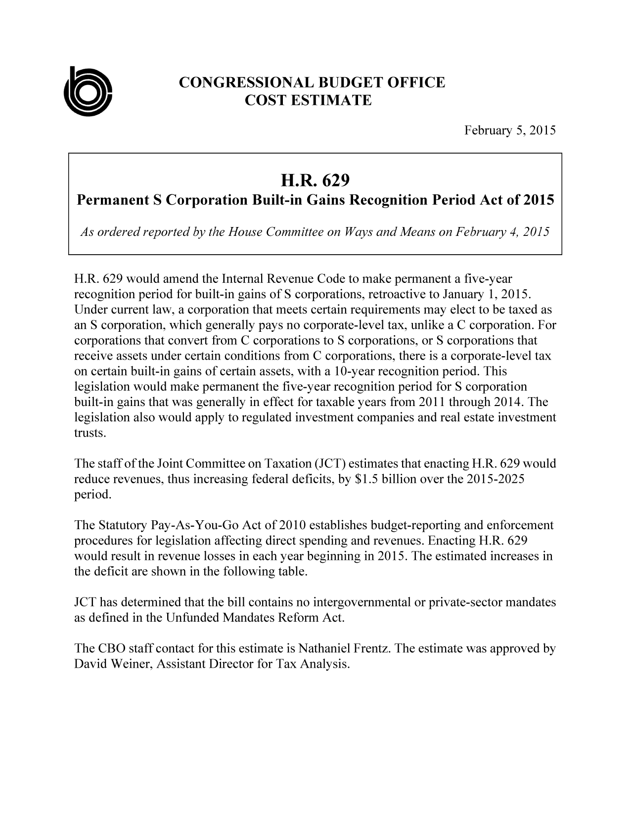 handle is hein.congrec/cbo2058 and id is 1 raw text is: tCONGRESSIONAL BUDGET OFFICE
ci                        COST ESTIMATE
February 5, 2015
H.R. 629
Permanent S Corporation Built-in Gains Recognition Period Act of 2015
As ordered reported by the House Committee on Ways and Means on February 4, 2015
H.R. 629 would amend the Internal Revenue Code to make permanent a five-year
recognition period for built-in gains of S corporations, retroactive to January 1, 2015.
Under current law, a corporation that meets certain requirements may elect to be taxed as
an S corporation, which generally pays no corporate-level tax, unlike a C corporation. For
corporations that convert from C corporations to S corporations, or S corporations that
receive assets under certain conditions from C corporations, there is a corporate-level tax
on certain built-in gains of certain assets, with a 10-year recognition period. This
legislation would make permanent the five-year recognition period for S corporation
built-in gains that was generally in effect for taxable years from 2011 through 2014. The
legislation also would apply to regulated investment companies and real estate investment
trusts.
The staff of the Joint Committee on Taxation (JCT) estimates that enacting H.R. 629 would
reduce revenues, thus increasing federal deficits, by $1.5 billion over the 2015-2025
period.
The Statutory Pay-As-You-Go Act of 2010 establishes budget-reporting and enforcement
procedures for legislation affecting direct spending and revenues. Enacting H.R. 629
would result in revenue losses in each year beginning in 2015. The estimated increases in
the deficit are shown in the following table.
JCT has determined that the bill contains no intergovernmental or private-sector mandates
as defined in the Unfunded Mandates Reform Act.
The CBO staff contact for this estimate is Nathaniel Frentz. The estimate was approved by
David Weiner, Assistant Director for Tax Analysis.


