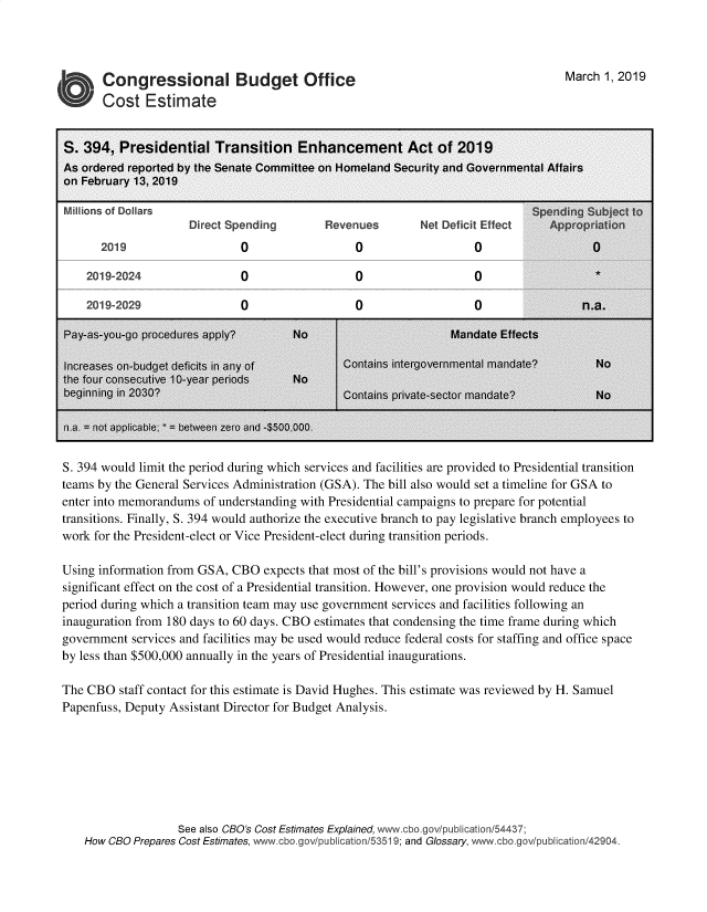 handle is hein.congrec/cboptreh0001 and id is 1 raw text is: 




   Congressional Budget Office
W  Cost Estimate


March 1, 2019


S. 394 would limit the period during which services and facilities are provided to Presidential transition
teams by the General Services Administration (GSA). The bill also would set a timeline for GSA to
enter into memorandums  of understanding with Presidential campaigns to prepare for potential
transitions. Finally, S. 394 would authorize the executive branch to pay legislative branch employees to
work for the President-elect or Vice President-elect during transition periods.

Using information from GSA, CBO   expects that most of the bill's provisions would not have a
significant effect on the cost of a Presidential transition. However, one provision would reduce the
period during which a transition team may use government services and facilities following an
inauguration from 180 days to 60 days. CBO estimates that condensing the time frame during which
government  services and facilities may be used would reduce federal costs for staffing and office space
by less than $500,000 annually in the years of Presidential inaugurations.

The CBO   staff contact for this estimate is David Hughes. This estimate was reviewed by H. Samuel
Papenfuss, Deputy Assistant Director for Budget Analysis.


                See also CBO's Cost Estimates Explained, www.cbo.gov/publication/54437;
How CBO Prepares Cost Estimates, 'twwcbo.gov/publication/53519; and Glossary, www.cbo.gov/publication/42904.


