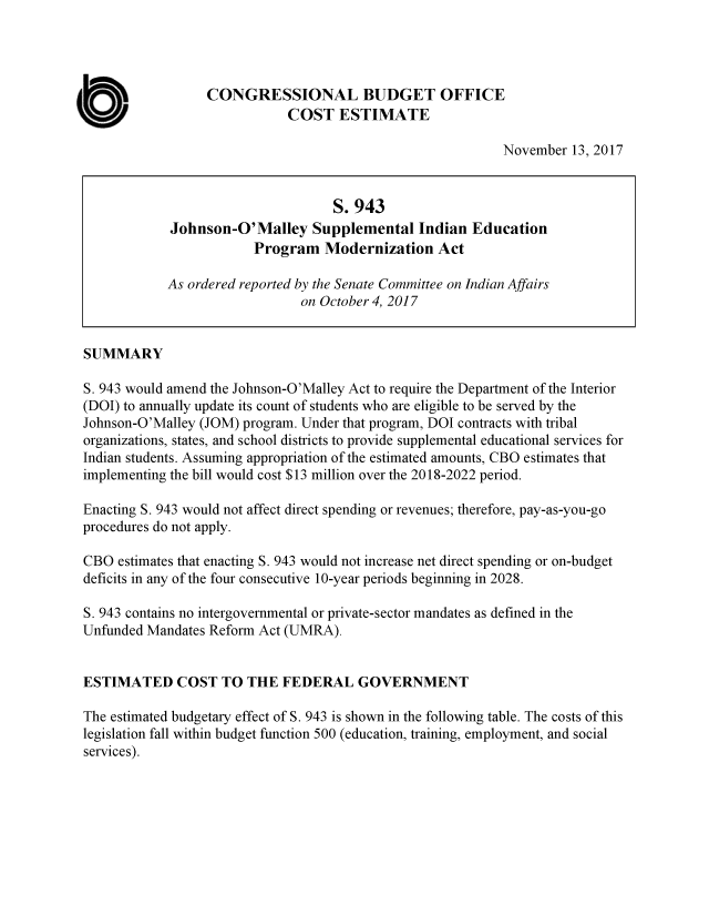 handle is hein.congrec/jomsined3910 and id is 1 raw text is: 




CONGRESSIONAL BUDGET OFFICE
           COST ESTIMATE


November  13, 2017


SUMMARY

S. 943 would amend the Johnson-O'Malley Act to require the Department of the Interior
(DOI) to annually update its count of students who are eligible to be served by the
Johnson-O'Malley (JOM) program. Under that program, DOI contracts with tribal
organizations, states, and school districts to provide supplemental educational services for
Indian students. Assuming appropriation of the estimated amounts, CBO estimates that
implementing the bill would cost $13 million over the 2018-2022 period.

Enacting S. 943 would not affect direct spending or revenues; therefore, pay-as-you-go
procedures do not apply.

CBO  estimates that enacting S. 943 would not increase net direct spending or on-budget
deficits in any of the four consecutive 10-year periods beginning in 2028.

S. 943 contains no intergovernmental or private-sector mandates as defined in the
Unfunded Mandates Reform Act (UMRA).


ESTIMATED COST TO THE FEDERAL GOVERNMENT

The estimated budgetary effect of S. 943 is shown in the following table. The costs of this
legislation fall within budget function 500 (education, training, employment, and social
services).


a


                       S. 943
Johnson-O'Malley Supplemental Indian Education
            Program   Modernization   Act

As ordered reported by the Senate Committee on Indian Affairs
                   on October 4, 2017


