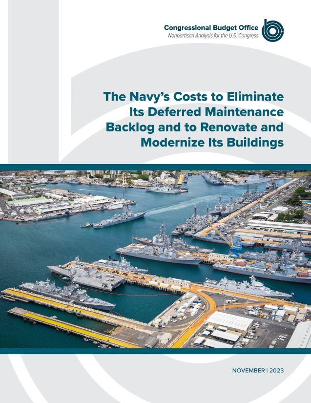 handle is hein.congrec/nvscsete0001 and id is 1 raw text is: 
            Congressional Budget Office
            Nonpartisan Analysis for the U.S. Congress U1



The  Navy's   Costs  to  Eliminate
     Its Deferred   Maintenance
 Backlog   and  to Renovate and
       Modernize Its Buildings


NOVEMBER I 2023


