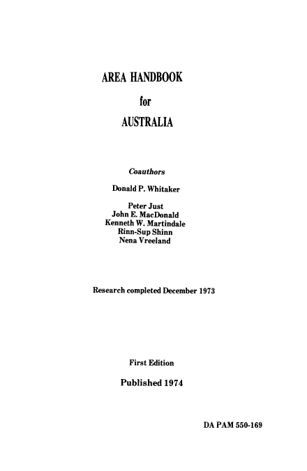 handle is hein.cow/ahfrari0001 and id is 1 raw text is: AREA HANDBOOK
for
AUSTRALIA

Coauthors
Donald P. Whitaker
Peter Just
John E. MacDonald
Kenneth W. Martindale
Rinn-Sup Shinn
Nena Vreeland
Research completed December 1973
First Edition
Published 1974

DA PAM 550-169


