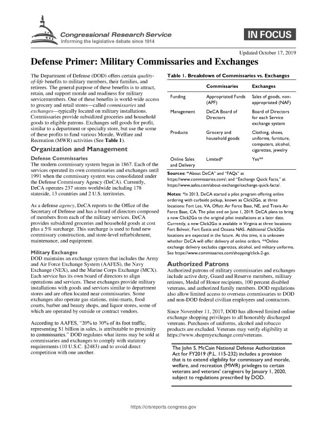 handle is hein.crs/govbbko0001 and id is 1 raw text is: 




   . '   Congressional Research Service
h~Iformn'g the lejaslaivye debate sirce 1914


Updated October 17, 2019


Defense Primer: Military Commissaries and Exchanges


The Department of Defense (DOD) offers certain quality-
of-life benefits to military members, their families, and
retirees. The general purpose of these benefits is to attract,
retain, and support morale and readiness for military
servicemembers. One of these benefits is world-wide access
to grocery and retail stores-called commissaries and
exchanges-typically located on military installations.
Commissaries provide subsidized groceries and household
goods to eligible patrons. Exchanges sell goods for profit,
similar to a department or specialty store, but use the some
of these profits to fund various Morale, Welfare and
Recreation (MWR) activities (See Table 1).
Organization and Management
Defense Commissaries
The modern commissary system began in 1867. Each of the
services operated its own commissaries and exchanges until
1991 when the commissary system was consolidated under
the Defense Commissary Agency (DeCA). Currently,
DeCA operates 237 stores worldwide including 178
stateside, 13 countries and 2 U.S. territories.

As a defense agency, DeCA reports to the Office of the
Secretary of Defense and has a board of directors composed
of members from each of the military services. DeCA
provides subsidized groceries and household goods at cost
plus a 5% surcharge. This surcharge is used to fund new
commissary construction, and store-level refurbishment,
maintenance, and equipment.

Military Exchanges
DOD maintains an exchange system that includes the Army
and Air Force Exchange System (AAFES), the Navy
Exchange (NEX), and the Marine Corps Exchange (MCX).
Each service has its own board of directors to align
operations and services. These exchanges provide military
installations with goods and services similar to department
stores and are often located near commissaries. Some
exchanges also operate gas stations, mini-marts, food
courts, barber and beauty shops, and liquor stores, some of
which are operated by outside or contract vendors.

According to AAFES, 20% to 30% of its foot traffic,
representing $1 billion in sales, is attributable to proximity
to commissaries. DOD regulates what items may be sold at
commissaries and exchanges to comply with statutory
requirements (10 U.S.C. §2483) and to avoid direct
competition with one another.


Table I. Breakdown of Commissaries vs. Exchanges

                 Commissaries       Exchanges

 Funding         Appropriated Funds Sales of goods, non-
                 (APF)              appropriated (NAF)
 Management      DeCA Board of      Board of Directors
                 Directors          for each Service
                                    exchange system
 Products        Grocery and        Clothing, shoes,
                 household goods    uniforms, furniture,
                                    computers, alcohol,
                                    cigarettes, jewelry
 Online Sales    Limited*           Yes**
 and Delivery
 Sources: About DeCA and FAQs at
 https://www.commissaries.com/; and Exchange Quick Facts, at
 https://www.aafes.com/about-exchange/exchange-quick-facts/.
 Notes: *In 2013, DeCA started a pilot program offering online
 ordering with curbside pickup, known as Click2Go, at three
 locations: Fort Lee, VA, Offutt Air Force Base, NE, and Travis Air
 Force Base, CA. The pilot end on June I, 2019. DeCA plans to bring
 a new Click2Go to the original pilot installations at a later date.
 Currently, a new Click2Go is available in Virginia at three locations:
 Fort Belvoir, Fort Eustis and Oceana NAS. Additional Click2Go
 locations are expected in the future. At this time, it is unknown
whether DeCA will offer delivery of online orders. **Online
exchange delivery excludes cigarettes, alcohol, and military uniforms.
See https://www.commissaries.com/shopping/click-2-go.

Authorized Patrons
Authorized patrons of military commissaries and exchanges
include active duty, Guard and Reserve members, military
retirees, Medal of Honor recipients, 100 percent disabled
veterans, and authorized family members. DOD regulations
also allow limited access to overseas commissaries to DOD
and non-DOD federal civilian employees and contractors.

Since November 11, 2017, DOD has allowed limited online
exchange shopping privileges to all honorably discharged
veterans. Purchases of uniforms, alcohol and tobacco
products are excluded. Veterans may verify eligibility at
https://www.shopmyexchange.com/veterans.

  The John S. McCain National Defense Authorization
  Act for FY2019 (P.L. 115-232) includes a provision
  that is to extend eligibility for commissary and morale,
  welfare, and recreation (MWR) privileges to certain
  veterans and veterans' caregivers by January I, 2020,
  subject to regulations prescribed by DOD.


ps:!/crsreportscongress go,


