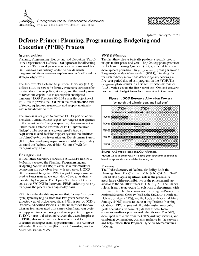 handle is hein.crs/govbczw0001 and id is 1 raw text is: 




&~ ~                       riE SE .$rCh &~ ~ ~


                                                                                        Updated January 27, 2020

Defense Primer: Planning, Programming, Budgeting and

Execution (PPBE) Process


Planning, Programming, Budgeting, and Execution (PPBE)
is the Department of Defense (DOD) process for allocating
resources. The annual process serves as the framework for
DOD civilian and military leaders to decide which
programs and force structure requirements to fund based on
strategic objectives.

The department's Defense Acquisition University (DAU)
defines PPBE in part as a formal, systematic structure for
making decisions on policy, strategy, and the development
of forces and capabilities to accomplish anticipated
missions. DOD Directive 7045.14 states the objective of
PPBE is to provide the DOD with the most effective mix
of forces, equipment, manpower, and support attainable
within fiscal constraints.

The process is designed to produce DOD's portion of the
President's annual budget request to Congress and updates
to the department's five-year spending plan known as the
Future Years Defense Program, or FYDP (pronounced
fiddip). The process is also one leg of a triad of
acquisition-related decision support systems that includes
the Joint Capabilities Integration and Development System
(JCIDS) for developing requirements to address capability
gaps and the Defense Acquisition System (DAS) for
managing acquisition.


In 1961, then-Secretary of Defense (SECDEF) Robert S.
McNamara created the Planning, Programming, and
Budgeting System (PPBS) to establish a framework for
connecting strategic objectives with resources. In 2003,
DOD renamed the system PPBE in part to emphasize the
need to better manage the execution of budget authority
provided by Congress. The Deputy Secretary of Defense
assists the SECDEF in the overall PPBE leadership role by
managing the process on a day-to-day basis.

PPBE is a calendar-driven process that, for any fiscal year
cycle, typically begins more than two years before the
expected year of budget execution. PPBE is part of DOD's
Resource Allocation Process, a timeline intended to show
when actions associated with a particular fiscal year cycle
are supposed to occur during a calendar year (see Figure
1). DOD makes a distinction between the execution phase
of PPBE, also known as execution review, and the
execution of congressional appropriations in the Resource
Allocation Process figure. (For more information, see the
Execution section below.)


PPBE-, Ph,,, N.
The first three phases typically produce a specific product
unique to that phase and year. The planning phase produces
the Defense Planning Guidance (DPG), which details force
development priorities. The programming phase generates a
Program Objective Memorandum (POM), a funding plan
for each military service and defense agency covering a
five-year period that adjusts programs in the FYDP. The
budgeting phase results in a Budget Estimate Submission
(BES), which covers the first year of the POM and converts
programs into budget terms for submission to Congress.

     Figure I. DOD Resource Allocation Process
        (by month and calendar year, and fiscal year)

                           C..........Y......................
                  .1 MAMI) K  0 u~b~ir  MJA..........~j


i i i i i i i i i i i i i i i i i i i i i i i i W . . . . .. . . . . . . . . . . . . . . . . . .. . . . .
i~ii~ii~~i~~ii~ii~~i~~ii~ii~~i~~ii~ii~~i~~ii~ii~~i:i~~i~~ii~ii~i..................................~~ii~ii~~i~>  5:?  :  :~i


MfY20, 22,

RY20123


Source: CRS graphic based on DOD references.
Notes: CY is calendar year; FY is fiscal year. Execution as shown is
based on appropriations available for one year.


The Under Secretary of Defense for Policy leads the
planning phase. The Chairman of the Joint Chiefs of Staff
(CJCS) also plays a significant role in the process, in
accordance with responsibilities as the principal military
advisor to the SECDEF under 10 U.S.C. §151. The CJCS's
role is, in part, to advocate for solutions to department-wide
requirements. The phase involves reviewing the President's
National Security Strategy (NSS), the SECDEF's National
Defense Strategy (NDS), and the CJCS's National Military
Strategy (NMS) to ensure the resulting Defense Planning
Guidance (DPG) aligns with the Administration's policy
goals and takes into account potential threats, force
structure, readiness posture, and other factors. The DPG,
developed with input from the CJCS, military services, and
combatant commanders, contains guidance for the services
and helps inform their Program Objective Memorandums
(POMs).


s C: n   o no.fl:ss ,


gognpo              goo
g
              , q
'S
a  X
11LULANJILiN,


