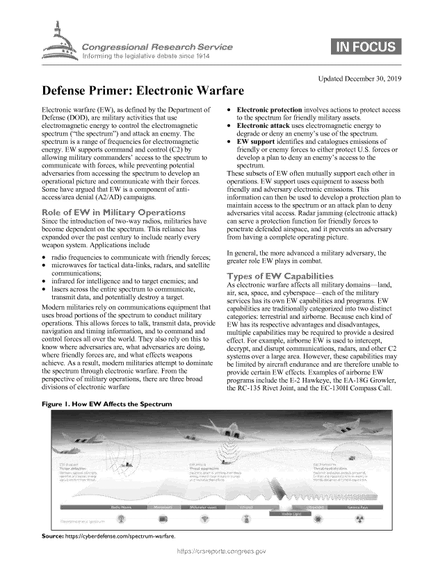 handle is hein.crs/govbezx0001 and id is 1 raw text is: 










Defense Primer: Electronic Warfare


Electronic warfare (EW), as defined by the Department of
Defense (DOD), are military activities that use
electromagnetic energy to control the electromagnetic
spectrum (the spectrum) and attack an enemy. The
spectrum is a range of frequencies for electromagnetic
energy. EW supports command and control (C2) by
allowing military commanders' access to the spectrum to
communicate with forces, while preventing potential
adversaries from accessing the spectrum to develop an
operational picture and communicate with their forces.
Some have argued that EW is a component of anti-
access/area denial (A2/AD) campaigns.


Since the introduction of two-way radios, militaries have
become dependent on the spectrum. This reliance has
expanded over the past century to include nearly every
weapon system. Applications include
* radio frequencies to communicate with friendly forces;
* microwaves for tactical data-links, radars, and satellite
   communications;
*  infrared for intelligence and to target enemies; and
*  lasers across the entire spectrum to communicate,
   transmit data, and potentially destroy a target.
Modem militaries rely on communications equipment that
uses broad portions of the spectrum to conduct military
operations. This allows forces to talk, transmit data, provide
navigation and timing information, and to command and
control forces all over the world. They also rely on this to
know where adversaries are, what adversaries are doing,
where friendly forces are, and what effects weapons
achieve. As a result, modem militaries attempt to dominate
the spectrum through electronic warfare. From the
perspective of military operations, there are three broad
divisions of electronic warfare


                    - mmm, go
    mppm qq\
                   , q
                   I
    aS
    11LULANJILiN,


Updated December 30, 2019


*  Electronic protection involves actions to protect access
   to the spectrum for friendly military assets.
*  Electronic attack uses electromagnetic energy to
   degrade or deny an enemy's use of the spectrum.
*  EW support identifies and catalogues emissions of
   friendly or enemy forces to either protect U.S. forces or
   develop a plan to deny an enemy's access to the
   spectrum.
These subsets of EW often mutually support each other in
operations. EW support uses equipment to assess both
friendly and adversary electronic emissions. This
information can then be used to develop a protection plan to
maintain access to the spectrum or an attack plan to deny
adversaries vital access. Radar jamming (electronic attack)
can serve a protection function for friendly forces to
penetrate defended airspace, and it prevents an adversary
from having a complete operating picture.

In general, the more advanced a military adversary, the
greater role EW plays in combat.
Ty pe s o f E' ' W  Ca  p  a ° b  it
As electronic warfare affects all military domains land,
air, sea, space, and cyberspace each of the military
services has its own EW capabilities and programs. EW
capabilities are traditionally categorized into two distinct
categories: terrestrial and airborne. Because each kind of
EW has its respective advantages and disadvantages,
multiple capabilities may be required to provide a desired
effect. For example, airborne EW is used to intercept,
decrypt, and disrupt communications, radars, and other C2
systems over a large area. However, these capabilities may
be limited by aircraft endurance and are therefore unable to
provide certain EW effects. Examples of airborne EW
programs include the E-2 Hawkeye, the EA-1 8G Growler,
the RC-135 Rivet Joint, and the EC-130H Compass Call.


Figure I. How EW Affects the Spectrum


k


&           N


~tt~


Source: https://cyberdefense.com/spectrum-warfare.


Ok-s :!K.:$:OOK~2$' ~dN


,,.,?.:..',, \\\\\\\\\\\\'k


