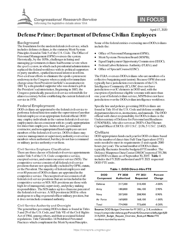 handle is hein.crs/govcryt0001 and id is 1 raw text is: 







                                                                                                April 17, 2020
Defense Primer: Department of Defense Civilian Employees


The foundation for the modem federal civil service, which
includes defense civilians, is the statutory Merit System
Principles found in Title 5 of the U.S. Code. The Office of
Personnel Management (OPM) oversees the s ystem
Historically, by the 1830s, challenges in hiring and
managing govement civilians hadbecome severe when
the spoils system, in which each presidential administration
replaced the federal workforce with its political supporters
or party members, sparked increased interest in reform.
Post-civilwarefforts to eliminate the spoils systemwere
underway in the Congress when a catalyst for immediate
change arose fromPres ident Garfield's as sassination in
1881 by a disgruntled supporter who was denied ajob in
the President's administration. Beginning in 1883, the
Congress periodically passed civil service reformbills for
almost a century before establishing the current federal civil
service in 1978.


DOD civilians are appointed to the federal civil service to
perfonna federal function under the supervision of another
federal employee or an appropriate federal official. DOD
may employ individuals in the various federal civil service
employment classes consistent with its yearly appropriation
for direct hire employees. Indirect-hire, government
contractor, and non-appropriated fund employees are not
members of the federal civil service. DOD civilians may
exercise management or supervisory authority over service
members when authorized, but they do not have command
or military justice authority over them


There are three classes of federalcivil service appointments
under Title 5 of the U.S. Code: competitive service,
excepted service, and senior executive service (SES). The
competitive service consists of all federalcivil service
positions that are not specifically excluded byOPM, statute,
or the President. The majority of federal employees and
over 80 percent of DOD civilians are appointed in the
competitive service. The excepted s ervice consists of all
federal civil service positions that are notincluded in the
competitive service or SES. SES positions are those with
high-level managerial, supervisory, and policy making
responsibilities. TheSES makes up less thanone percent of
the federal civil service. A SES pos ition in DOD is often
analogous to a flag or general officer military position, but
it does notinclude command authority.


The generallaw governing DOD civilians is found in Titles
5 and 29 of the U.S. Code, and Title VII of the Civil Rights
Act of 1964, among others, and their as sociated federal
regulations. Title 5 identifies 14 Prohibited Personnel
Practices which complement the Merit SystemPrinciples.


Some of the federal entities overseeing mostDOD civilians
include the:

 Office of PersonnelManagement (OPM);
 Merit Systems ProtectionBoard (MSPB);
 Equal Employment Opportunity Commission (EEOC);
 Federal Labor Relations Authority (FLRA); and
 Office of Special Counsel (OSC).

The FLRA oversees DOD civilians who are members of a
collective bargaining unit (union). Because OPM does not
typically have juris diction over elements of the U.S.
Intelligence Conmrunity (IC), OSC does not have
jurisdiction over IC elements in DOD and, with the
exception of preference eligible veterans with more than
one year of federal civilian service, MSPB does not have
jurisdiction over the DOD civilian intelligence workforce.

Specific law and policies governing DOD civilians are
found in Title 10 of the U.S. Code and defense or military
department directives, instructions, and manuals. TheDOD
official with direct responsibility for DOD civilians is the
Undersecretary of Defense for Personnel and Readiness
(USD(P&R)), who also serves as DOD's ChiefHuman
CapitalOfficer (CHCO) (10 U.S.C. § 136; 5 U.S.C. § 1402).

C, iflu'as
DOD appropriates funds each year for DOD civilians based
on the number of direct-hire Full-Time Equivalent (FFE)
units needed to meet its requirements (1 unit equals 2080
hours per year). The actualnumber of DOD civilians
typically fluctuates fromthe budgeted FIEnumber. The
Defense Manpower Data Center (DMDC) reported 755,386
total DOD civilians as of September 30,2019. Table 1
includes the FY2020 authorized and FY 2021 requested
DOD FFE units.

           Table I. DOD Direct-Hire FTE
     DOD         FY 2020       FY 2021      Percent
  Component     Authorized    Requested     Change

  Defense         217,300      210,400      -4.00%
  Army            180,800      186,100       2.90%
  Navy            207,000      208,900       0.90%
  Air Force       169,800      168,100      - 1.00%
  Total           774,900      773,600      -0.20%
Source: DOD Budget Overview for FY 202 1, p. 2-8, available at
https://comptroller.defense.gov/Portals/45/Documents/defbudget/fy20
21 /fy2021 Budget Request Overview Bodc.pdf. Note: FTE
numbers rounded by source.


A A '2


k             xa  h: \5
A                      k k


yg


