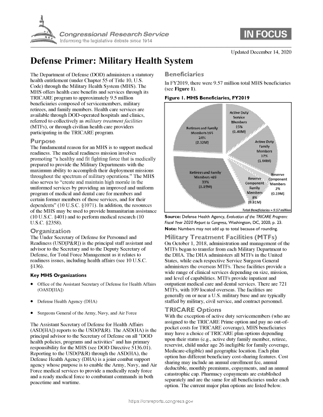 handle is hein.crs/govdcxf0001 and id is 1 raw text is: 




              *                           ~
~ tiE>sct~rch $3c ~


Updated December  14, 2020


Defense Primer: Military Health

The Department  of Defense (DOD) administers a statutory
health entitlement (under Chapter 55 of Title 10, U.S.
Code) through the Military Health System (MHS). The
MHS   offers health care benefits and services through its
TRICARE   program  to approximately 9.5 million
beneficiaries composed of servicemembers, military
retirees, and family members. Health care services are
available through DOD-operated hospitals and clinics,
referred to collectively as military treatment facilities
(MTFs), or through civilian health care providers
participating in the TRICARE program.


The fundamental reason for an MHS is to support medical
readiness. The medical readiness mission involves
promoting a healthy and fit fighting force that is medically
prepared to provide the Military Departments with the
maximum   ability to accomplish their deployment missions
throughout the spectrum of military operations. The MHS
also serves to create and maintain high morale in the
uniformed services by providing an improved and uniform
program of medical and dental care for members and
certain former members of those services, and for their
dependents (10 U.S.C. §1071). In addition, the resources
of the MHS may  be used to provide humanitarian assistance
(10 U.S.C. §401) and to perform medical research (10
U.S.C. §2358).

The Under  Secretary of Defense for Personnel and
Readiness (USD[P&R])   is the principal staff assistant and
advisor to the Secretary and to the Deputy Secretary of
Defense, for Total Force Management as it relates to
readiness issues, including health affairs (see 10 U.S.C.
§136).
Key  MHS  Organizations
*  Office of the Assistant Secretary of Defense for Health Affairs
   (OASD[HA])

*  Defense Health Agency (DHA)

*  Surgeons General of the Army, Navy, and Air Force

The Assistant Secretary of Defense for Health Affairs
(ASD[HA])   reports to the USD(P&R). The ASD(HA)  is the
principal advisor to the Secretary of Defense on all DOD
health policies, programs and activities and has primary
responsibility for the MHS (see DOD Directive 5136.01).
Reporting to the USD(P&R)  through the ASD(HA), the
Defense Health Agency  (DHA) is a joint combat support
agency whose purpose is to enable the Army, Navy, and Air
Force medical services to provide a medically ready force
and a ready medical force to combatant commands in both
peacetime and wartime.


System


In FY2019, there were 9.57 million total MHS beneficiaries
(see Figure 1).
Figure  I. MHS Beneficiaries, FY20 19














                       N             eomen   Crpet




                                  Total enefiiries =9 57millon
Source: Defense Health Agency, Evaluation of the TRICARE Program:
Fiscal Year 2020 Report to Congress, Washington, DC, 2020, p. 23.
Note: Numbers may not add up to total because of rounding.


On October  1, 2018, administration and management of the
MTFs  began to transfer from each Military Department to
the DHA.  The DHA  administers all MTFs in the United
States, while each respective Service Surgeon General
administers the overseas MTFs. These facilities provide a
wide range of clinical services depending on size, mission,
and level of capabilities. MTFs provide inpatient and
outpatient medical care and dental services. There are 721
MTFs,  with 109 located overseas. The facilities are
generally on or near a U.S. military base and are typically
staffed by military, civil service, and contract personnel.
TR&CARE Optins
With the exception of active duty servicemembers (who are
assigned to the TRICARE  Prime option and pay no out-of-
pocket costs for TRICARE coverage), MHS  beneficiaries
may  have a choice of TRICARE plan options depending
upon their status (e.g., active duty family member, retiree,
reservist, child under age 26 ineligible for family coverage,
Medicare-eligible) and geographic location. Each plan
option has different beneficiary cost-sharing features. Cost
sharing may include an annual enrollment fee, annual
deductible, monthly premiums, copayments, and an annual
catastrophic cap. Pharmacy copayments are established
separately and are the same for all beneficiaries under each
option. The current major plan options are listed below.


Mip-------------------.-,'*g-v


