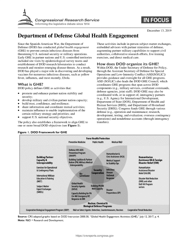 handle is hein.crs/goveatf0001 and id is 1 raw text is: 





Congressional Research Service


December  13, 2019


Department of Defense Global Health Engagement


Since the Spanish-American War, the Department of
Defense (DOD)  has conducted global health engagement
(GHE)  to prevent certain infectious diseases from
threatening U.S. national security or military operations.
Early GHE  in partner nations and U.S.-controlled territories
included site visits by epidemiological survey teams and
establishment of DOD research laboratories to conduct
research and monitor emerging disease threats. As a result,
DOD  has played a major role in discovering and developing
vaccines for numerous infectious diseases, such as yellow
fever, influenza, and most recently, Ebola.

What is GHE?
DOD  policy defines GHE as activities that:
*  promote and enhance partner nation stability and
   security;
*  develop military and civilian partner nation capacity;
*  build trust, confidence, and resilience;
*  share information and coordinate mutual activities;
*  maintain influence to enable implementation of the
   certain military strategy and priorities; and
*  support U.S. national security objectives.
The policy also establishes a framework to align GHE to
one or more broad DOD objectives (see Figure 1).


These activities include in-person subject-matter exchanges,
embedded  advisors with partner ministries of defense,
augmenting partner military capabilities to support civil
authorities, collaborative research efforts, live training
exercises, and direct medical care.

HOw does DOD organize its GHE?
Within DOD,  the Under Secretary of Defense for Policy,
through the Assistant Secretary of Defense for Special
Operations and Low-Intensity Conflict (ASD[SO/LIC])
provides guidance and oversight for all GHE programs.
ASD  (SO/LIC) also leads the DOD GHE Council, which
coordinates GHE programs that span across DOD
components (e.g., military services, combatant commands,
defense agencies, joint staff). DOD GHE may also be
coordinated with, or in support of, interagency partners
(e.g., U.S. Agency for International Development,
Department of State [DOS], Department of Health and
Human  Services [HHS], and Department of Homeland
Security [DHS]). Congress funds GHE through various
defense (e.g., operation and maintenance; research,
development, testing, and evaluation; overseas contingency
operations) and nondefense accounts (through interagency
transfers).


Figure 1. DOD  Framework   for GHE


Source: CRS adapted graphic based on DOD Instruction 2000.30, Global Health Engagement Activities (GHE), July 12, 2017, p. 4.
Note: R&D = Research and Development.


;Ss.go


