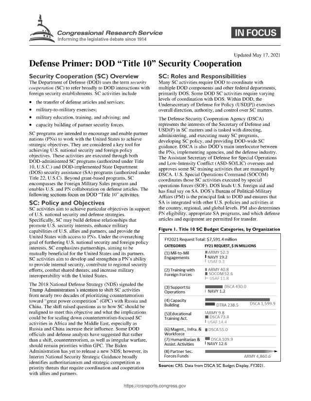 handle is hein.crs/govedik0001 and id is 1 raw text is: forri. g   h   iti v  deat  inc 11

0

Updated May 17, 2021
Defense Primer: DOD Title 10 Security Cooperation

Security Cooperation (SC) Overview
The Department of Defense (DOD) uses the term security
cooperation (SC) to refer broadly to DOD interactions with
foreign security establishments. SC activities include
* the transfer of defense articles and services;
* military-to-military exercises;
* military education, training, and advising; and
* capacity building of partner security forces.
SC programs are intended to encourage and enable partner
nations (PNs) to work with the United States to achieve
strategic objectives. They are considered a key tool for
achieving U.S. national security and foreign policy
objectives. These activities are executed through both
DOD-administered SC programs (authorized under Title
10, U.S.C.) and DOD-implemented State Department
(DOS) security assistance (SA) programs (authorized under
Title 22, U.S.C). Beyond grant-based programs, SC
encompasses the Foreign Military Sales program and
enables U.S. and PN collaboration on defense articles. The
following sections focus on DOD Title 10 activities.
SC: Policy and Objectives
SC activities aim to achieve particular objectives in support
of U.S. national security and defense strategies.
Specifically, SC may build defense relationships that
promote U.S. security interests, enhance military
capabilities of U.S. allies and partners, and provide the
United States with access to PNs. Under the overarching
goal of furthering U.S. national security and foreign policy
interests, SC emphasizes partnerships, aiming to be
mutually beneficial for the United States and its partners.
SC activities aim to develop and strengthen a PN's ability
to provide internal security, contribute to regional security
efforts, combat shared threats, and increase military
interoperability with the United States.
The 2018 National Defense Strategy (NDS) signaled the
Trump Administration's intention to shift SC activities
from nearly two decades of prioritizing counterterrorism
toward great power competition (GPC) with Russia and
China. The shift raised questions as to how SC should be
realigned to meet this objective and what the implications
could be for scaling down counterterrorism-focused SC
activities in Africa and the Middle East, especially as
Russia and China increase their influence. Some DOD
officials and defense analysts have suggested that rather
than a shift, counterterrorism, as well as irregular warfare,
should remain priorities within GPC. The Biden
Administration has yet to release a new NDS; however, its
Interim National Security Strategic Guidance broadly
identifies authoritarianism and strategic competition as
priority threats that require coordination and cooperation
with allies and partners.

SC: Roles and Responsibilities
Many SC activities require DOD to coordinate with
multiple DOD components and other federal departments,
primarily DOS. Some DOD SC activities require varying
levels of coordination with DOS. Within DOD, the
Undersecretary of Defense for Policy (USD[P]) exercises
overall direction, authority, and control over SC matters.
The Defense Security Cooperation Agency (DSCA)
represents the interests of the Secretary of Defense and
USD(P) in SC matters and is tasked with directing,
administering, and executing many SC programs,
developing SC policy, and providing DOD-wide SC
guidance. DSCA is also DOD's main interlocutor between
the PNs, implementing agencies, and the defense industry.
The Assistant Secretary of Defense for Special Operations
and Low-Intensity Conflict (ASD-SO/LIC) oversees and
approves some SC training activities that are managed by
DSCA. U.S. Special Operations Command (SOCOM)
coordinates those SC activities executed by special
operations forces (SOF). DOS leads U.S. foreign aid and
has final say on SA. DOS's Bureau of Political-Military
Affairs (PM) is the principal link to DOD and ensures that
SA is integrated with other U.S. policies and activities at
the country, regional, and global levels. PM also determines
PN eligibility, appropriate SA programs, and which defense
articles and equipment are permitted for transfer.
Figure I. Title 10 SC Budget Categories, by Organization

FY2021 RequestTotal: $7,591.4 million
CATEGORIES        FY21 REQUEST,$ IN MILLIONS
(1) Mil-to-Mu     *AMil   23
Engagements       I NAVY 192

(2) Training with
Foreign Forces
(3) Support to
Operations
(4) Capacity
Building
(5)Educational
Training Act.
(6) Magmt., Infra. &
Workforce
(7) Humanitarian &
Assist. Activities
(8) Partner Sec.
Forces Funds

inlE{il tO e
I NAVY 1.2

-i~li DTRA 2385 [DSEA 1 5<
iARMY 9.8
ELSA 2
IE cA 55 i
INAVY 12.6

ARMY 4 860.6

Source: CRS. Data from DSCA SC Budget Display, FY2021.

tips://crsreports.congress.gc


