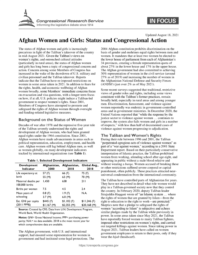 handle is hein.crs/goveejn0001 and id is 1 raw text is: C o gr s io a   R e ea c   Ser ic

0

Updated August 18, 2021
Afghan Women and Girls: Status and Congressional Action

The status of Afghan women and girls is increasingly
precarious in light of the Taliban's takeover of the country
in mid-August 2021. Given the Taliban's views on
women's rights, and entrenched cultural attitudes
(particularly in rural areas), the status of Afghan women
and girls has long been a topic of congressional concern and
action. Concern among some Members of Congress has
increased in the wake of the drawdown of U.S. military and
civilian personnel and the Taliban takeover. Reports
indicate that the Taliban have re-imposed restrictions on
women in some areas taken in 2021. In addition to fears for
the rights, health, and economic wellbeing of Afghan
women broadly, some Members' immediate concerns focus
on evacuation and visa questions, with a longer-term focus
on how, if at all, U.S. policies might induce a Taliban-led
government to respect women's rights. Since 2001,
Members of Congress have attempted to promote and
safeguard the rights of Afghan women through oversight
and funding-related legislative measures.
Background on the Status of Women
Decades of war after 1978 and the repressive five-year rule
of the Taliban severely undermined the rights and
development of Afghan women, who had been granted
equal rights under the 1964 constitution. Since 2001,
Afghan women have made advancements in areas such as
political representation, education, employment, and health
care. Afghan women still lag behind Afghan men, as well
as women globally, on many development indicators
tracked by international organizations (see Table 1).
Table I. Selected Development Indicators

Development
Indicator

Afghanistan,
2000

Afghanistan,
2018

Global Avg.,
2018

Life expectancy at  57 (F)        66 (F)        75 (F)
birth               55 (M)        63 (M)        70 (M)
Maternal deaths per  1,450        638           211
100,000 births
Births per woman    7.5           4.5           2.4
Mean years of      0.8 (F)        1.9 (F)       N.A.
schooling           3.7 (M)       6.0 (M)
Est. GNI per capita  $445 (F)     $1,102 (F)    $11,246 (F)
(2011 PPP$)         $I,167 (M)    $2,355 (M)    $20,168 (M)
Source: Created by CRS. Data from U.N. Development Program,
World Bank, World Health Organization.
Notes: GNI= Gross National Income; PPP= purchasing power
parity; N.A.= no data available. 2018 is the most recent year for
which comprehensive data are available.
The Afghan government, with U.S. and international
support, had ensured some representation for women in
government and had instituted some legal protections. The

2004 Afghan constitution prohibits discrimination on the
basis of gender and enshrines equal rights between men and
women. It mandates that at least two women be elected to
the lower house of parliament from each of Afghanistan's
34 provinces, creating a female representation quota of
about 27% in the lower house and 17% in the upper house.
The Afghan government had also committed to achieving
30% representation of women in the civil service (around
27% as of 2019) and increasing the number of women in
the Afghanistan National Defense and Security Forces
(ANDSF) (just over 2% as of May 2021).
Some recent surveys suggested that traditional, restrictive
views of gender roles and rights, including some views
consistent with the Taliban's former practices, remain
broadly held, especially in rural areas and among younger
men. Discrimination, harassment, and violence against
women reportedly was endemic in government-controlled
areas and in government ministries. In December 2020, the
United Nations reported that while the response by the
justice sector to violence against women ... continues to
improve, the system also fails women and girls in a number
of respects, with less than half of documented cases of
violence against women progressing to adjudication.
The Taliban and Women's Rights
During their rule between 1996 and 2001, the Taliban
perpetrated egregious acts of violence against women as
part of a war against women, according to a 2001 State
Department report. Based on their particularly conservative
interpretation of Islamic practice, the Taliban prohibited
women from working, attending school after age eight, and
appearing in public without a male blood relative and
without wearing a burqa. Women accused of breaking these
or other restrictions suffered severe corporal or capital
punishment, often publicly. These practices attracted near-
universal condemnation from the international community.
The Taliban have controlled parts of Afghanistan for years.
They have not described in detail what role women would
play in a Taliban-governed society now that they control
the country. In February 2020, deputy Taliban leader
Sirajuddin Haqqani wrote of an Islamic system ... where
the rights of women that are granted by Islam-from the
right to education to the right to work-are protected.
Skeptics note that a pledge to safeguard the rights of
women according to Islam is subjective and echoes
similar pledges made by the Taliban while previously in
power. In some areas taken since May 2021, the Taliban
have reportedly forced women to marry Taliban fighters,
imposed other restrictions on women's rights, and carried
out targeted killings against women. Since taking power in
August 2021, Taliban leaders have called on women
government employees to return to their posts, only if they
wear the hijab (headscarf).

ittps://crsreports.congress.g(


