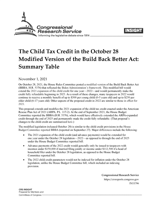handle is hein.crs/goveesq0001 and id is 1 raw text is: Congressional
Research Service
The Child Tax Credit in the October 28
Modified Version of the Build Back Better Act:
Summary Table
November 1, 2021
On October 28, 2021, the House Rules Committee posted a modified version of the Build Back Better Act
(BBBA; H.R. 5376) that reflected the Biden Administration's framework. This modified bill would
extend the 2021 expansion of the child credit for one year-2022-and would permanently make the
credit fully refundable beginning in 2023. As a result of these changes, many taxpayers in 2022 would
continue to receive a monthly benefit of up to $300 per young child (0-5 years old) and up to $250 per
older child (6-17 years old). Other aspects of the proposed credit in 2022 are similar to those in effect for
2021.
This proposal extends and modifies the 2021 expansion of the child tax credit enacted under the American
Rescue Plan Act of 2021 (ARPA; P.L. 117-2). At the end of September 2021, the House Budget
Committee reported the BBBA (H.R. 5376), which would have effectively extended the ARPA-expanded
credit through the end of 2025 and permanently made the credit fully refundable. (That proposal's
changes to the child credit are summarized here.)
The modified legislation (released October 28) is similar to the child credit provisions in the House
Budget Committee reported BBBA (reported on September 27). Major differences include the following:
  The 2021 expansion of the child credit (and advance payments) would be extended for
one year under the October 28 legislation-2022-as opposed to through the end of 2025
under the House Budget Committee reported bill.
  Advance payments of the 2022 credit would generally only be issued to taxpayers with
incomes under $150,000 if married filing jointly or income under $112,500 if a head of
household filer under the October 28 legislation, as opposed to the House Budget
Committee reported bill.
  The 2022 child credit parameters would not be indexed for inflation under the October 28
legislation, unlike the House Budget Committee bill, which included an indexing
provision.
Congressional Research Service
https://crsreports.congress.gov
IN11786
CRS INSIGHT
Prepared for Members and
Committees of Congress


