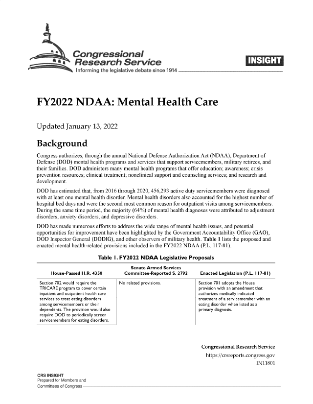 handle is hein.crs/govefdb0001 and id is 1 raw text is: Congressional
aResearch Service
informing the legi Iafive d bate since 1914

FY2022 NDAA: Mental Health Care
Updated January 13, 2022
Background
Congress authorizes, through the annual National Defense Authorization Act (NDAA), Department of
Defense (DOD) mental health programs and services that support servicemembers, military retirees, and
their families. DOD administers many mental health programs that offer education; awareness; crisis
prevention resources; clinical treatment; nonclinical support and counseling services; and research and
development.
DOD has estimated that, from 2016 through 2020, 456,293 active duty servicemembers were diagnosed
with at least one mental health disorder. Mental health disorders also accounted for the highest number of
hospital bed days and were the second most common reason for outpatient visits among servicemembers.
During the same time period, the majority (64%) of mental health diagnoses were attributed to adjustment
disorders, anxiety disorders, and depressive disorders.
DOD has made numerous efforts to address the wide range of mental health issues, and potential
opportunities for improvement have been highlighted by the Government Accountability Office (GAO),
DOD Inspector General (DODIG), and other observers of military health. Table 1 lists the proposed and
enacted mental health-related provisions included in the FY2022 NDAA (P.L. 117-81).
Table I. FY2022 NDAA Legislative Proposals
Senate Armed Services
House-Passed H.R. 4350      Committee-Reported S. 2792    Enacted Legislation (P.L. 117-81)

Section 702 would require the
TRICARE program to cover certain
inpatient and outpatient health care
services to treat eating disorders
among servicemembers or their
dependents. The provision would also
require DOD to periodically screen
servicemembers for eating disorders.

No related provisions.

Section 701 adopts the House
provision with an amendment that
authorizes medically indicated
treatment of a servicemember with an
eating disorder when listed as a
primary diagnosis.

Congressional Research Service
https://crsreports.congress.gov
IN11801

CRS INSIGHT
Prepared for Members and
Committees of Congress -


