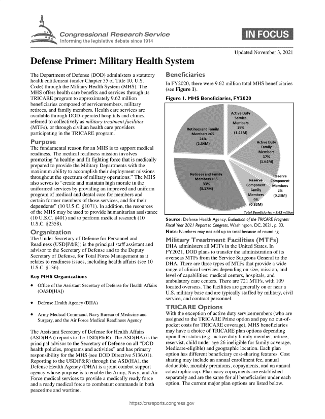 handle is hein.crs/govegpz0001 and id is 1 raw text is: infc~ mirn                          ;e 1914

Updated November 3, 2021

Defense Primer: Military Health System

The Department of Defense (DOD) administers a statutory
health entitlement (under Chapter 55 of Title 10, U.S.
Code) through the Military Health System (MHS). The
MHS offers health care benefits and services through its
TRICARE program to approximately 9.62 million
beneficiaries composed of servicemembers, military
retirees, and family members. Health care services are
available through DOD-operated hospitals and clinics,
referred to collectively as military treatment facilities
(MTFs), or through civilian health care providers
participating in the TRICARE program.
Purpose
The fundamental reason for an MHS is to support medical
readiness. The medical readiness mission involves
promoting a healthy and fit fighting force that is medically
prepared to provide the Military Departments with the
maximum ability to accomplish their deployment missions
throughout the spectrum of military operations. The MHS
also serves to create and maintain high morale in the
uniformed services by providing an improved and uniform
program of medical and dental care for members and
certain former members of those services, and for their
dependents (10 U.S.C. §1071). In addition, the resources
of the MHS may be used to provide humanitarian assistance
(10 U.S.C. §401) and to perform medical research (10
U.S.C. §2358).
Organization
The Under Secretary of Defense for Personnel and
Readiness (USD[P&R]) is the principal staff assistant and
advisor to the Secretary of Defense and to the Deputy
Secretary of Defense, for Total Force Management as it
relates to readiness issues, including health affairs (see 10
U.S.C. §136).
Key MHS Organizations
* Office of the Assistant Secretary of Defense for Health Affairs
(OASD[HA])
* Defense Health Agency (DHA)
* Army Medical Command, Navy Bureau of Medicine and
Surgery, and the Air Force Medical Readiness Agency
The Assistant Secretary of Defense for Health Affairs
(ASD(HA)) reports to the USD(P&R). The ASD(HA) is the
principal advisor to the Secretary of Defense on all DOD
health policies, programs and activities and has primary
responsibility for the MHS (see DOD Directive 5136.01).
Reporting to the USD(P&R) through the ASD(HA), the
Defense Health Agency (DHA) is a joint combat support
agency whose purpose is to enable the Army, Navy, and Air
Force medical services to provide a medically ready force
and a ready medical force to combatant commands in both
peacetime and wartime.

In FY2020, there were 9.62 million total MHS beneficiaries
(see Figure 1).
Figure I. MHS Beneficiaries, FY2020

Source: Defense Health Agency, Evaluation of the TRICARE Program:
Fiscal Year 2021 Report to Congress, Washington, DC, 2021, p. 33.
Note: Numbers may not add up to total because of rounding.
Military Treatment FaciHities (MTFs)
DHA administers all MTFs in the United States. In
FY2021, DOD plans to transfer the administration of its
overseas MTFs from the Service Surgeons General to the
DHA. There are three types of MTFs that provide a wide
range of clinical services depending on size, mission, and
level of capabilities: medical centers, hospitals, and
ambulatory care centers. There are 721 MTFs, with 109
located overseas. The facilities are generally on or near a
U.S. military base and are typically staffed by military, civil
service, and contract personnel.
TRICARE Options
With the exception of active duty servicemembers (who are
assigned to the TRICARE Prime option and pay no out-of-
pocket costs for TRICARE coverage), MHS beneficiaries
may have a choice of TRICARE plan options depending
upon their status (e.g., active duty family member, retiree,
reservist, child under age 26 ineligible for family coverage,
Medicare-eligible) and geographic location. Each plan
option has different beneficiary cost-sharing features. Cost
sharing may include an annual enrollment fee, annual
deductible, monthly premiums, copayments, and an annual
catastrophic cap. Pharmacy copayments are established
separately and are the same for all beneficiaries under each
option. The current major plan options are listed below.

Reserve
omponent
Members
2%
(0.23M)


