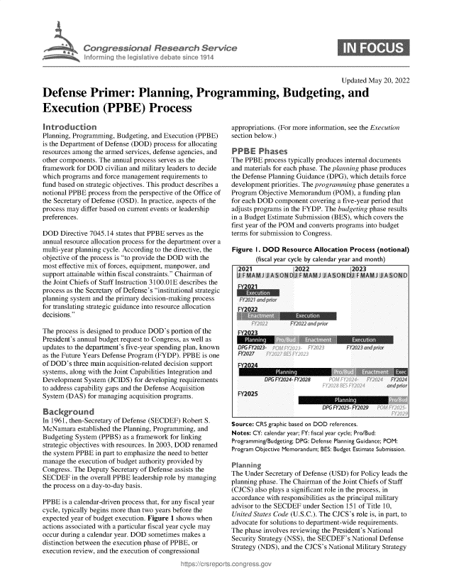 handle is hein.crs/govegsm0001 and id is 1 raw text is: Congressional Research Service
Informing 11w legislative debate since 1914

Updated May 20, 2022

Defense Primer: Planning, Programming, Budgeting, and
Execution (PPBE) Process

Introduction
Planning, Programming, Budgeting, and Execution (PPBE)
is the Department of Defense (DOD) process for allocating
resources among the armed services, defense agencies, and
other components. The annual process serves as the
framework for DOD civilian and military leaders to decide
which programs and force management requirements to
fund based on strategic objectives. This product describes a
notional PPBE process from the perspective of the Office of
the Secretary of Defense (OSD). In practice, aspects of the
process may differ based on current events or leadership
preferences.
DOD Directive 7045.14 states that PPBE serves as the
annual resource allocation process for the department over a
multi-year planning cycle. According to the directive, the
objective of the process is to provide the DOD with the
most effective mix of forces, equipment, manpower, and
support attainable within fiscal constraints. Chairman of
the Joint Chiefs of Staff Instruction 3100.01E describes the
process as the Secretary of Defense's institutional strategic
planning system and the primary decision-making process
for translating strategic guidance into resource allocation
decisions.
The process is designed to produce DOD's portion of the
President's annual budget request to Congress, as well as
updates to the department's five-year spending plan, known
as the Future Years Defense Program (FYDP). PPBE is one
of DOD's three main acquisition-related decision support
systems, along with the Joint Capabilities Integration and
Development System (JCIDS) for developing requirements
to address capability gaps and the Defense Acquisition
System (DAS) for managing acquisition programs.
Background
In 1961, then-Secretary of Defense (SECDEF) Robert S.
McNamara established the Planning, Programming, and
Budgeting System (PPBS) as a framework for linking
strategic objectives with resources. In 2003, DOD renamed
the system PPBE in part to emphasize the need to better
manage the execution of budget authority provided by
Congress. The Deputy Secretary of Defense assists the
SECDEF in the overall PPBE leadership role by managing
the process on a day-to-day basis.
PPBE is a calendar-driven process that, for any fiscal year
cycle, typically begins more than two years before the
expected year of budget execution. Figure 1 shows when
actions associated with a particular fiscal year cycle may
occur during a calendar year. DOD sometimes makes a
distinction between the execution phase of PPBE, or
execution review, and the execution of congressional

appropriations. (For more information, see the Execution
section below.)
PPBE Phases
The PPBE process typically produces internal documents
and materials for each phase. The planning phase produces
the Defense Planning Guidance (DPG), which details force
development priorities. The programming phase generates a
Program Objective Memorandum (POM), a funding plan
for each DOD component covering a five-year period that
adjusts programs in the FYDP. The budgeting phase results
in a Budget Estimate Submission (BES), which covers the
first year of the POM and converts programs into budget
terms for submission to Congress.
Figure 1. DOD Resource Allocation Process (notional)
(fiscal year cycle by calendar year and month)
2021            2022             2023
J FAMJ J A    NiJ FMAM J JA SO N D J FMAMJJA SON D
FY2Exe uonn
2r 1
FY2022
xecut2nn
FY2023
D.PG, FY2023-
FY2[)27
FY2024
DPG FY2024- FY2028

Source: CRS graphic based on DOD references.
Notes: CY: calendar year; FY: fiscal year cycle; Pro/Bud:
Programming/Budgeting; DPG: Defense Planning Guidance; POM:
Program Objective Memorandum; BES: Budget Estimate Submission.
Planning
The Under Secretary of Defense (USD) for Policy leads the
planning phase. The Chairman of the Joint Chiefs of Staff
(CJCS) also plays a significant role in the process, in
accordance with responsibilities as the principal military
advisor to the SECDEF under Section 151 of Title 10,
United States Code (U.S.C.). The CJCS's role is, in part, to
advocate for solutions to department-wide requirements.
The phase involves reviewing the President's National
Security Strategy (NSS), the SECDEF's National Defense
Strategy (NDS), and the CJCS's National Military Strategy

FY2025

l)PG FY2025- FY2029


