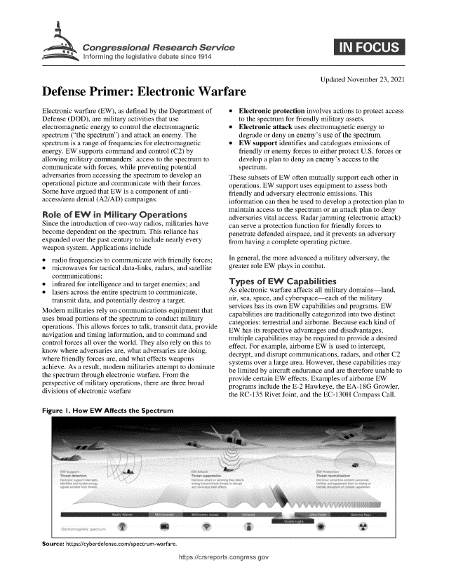 handle is hein.crs/govehmy0001 and id is 1 raw text is: ICongressional Researh Service

Defense Primer: Electronic Wart
Electronic warfare (EW), as defined by the Department of
Defense (DOD), are military activities that use
electromagnetic energy to control the electromagnetic
spectrum (the spectrum) and attack an enemy. The
spectrum is a range of frequencies for electromagnetic
energy. EW supports command and control (C2) by
allowing military commanders' access to the spectrum to
communicate with forces, while preventing potential
adversaries from accessing the spectrum to develop an
operational picture and communicate with their forces.
Some have argued that EW is a component of anti-
access/area denial (A2/AD) campaigns.
Role of EW i Military Operations
Since the introduction of two-way radios, militaries have
become dependent on the spectrum. This reliance has
expanded over the past century to include nearly every
weapon system. Applications include
 radio frequencies to communicate with friendly forces;
 microwaves for tactical data-links, radars, and satellite
communications;
 infrared for intelligence and to target enemies; and
 lasers across the entire spectrum to communicate,
transmit data, and potentially destroy a target.
Modern militaries rely on communications equipment that
uses broad portions of the spectrum to conduct military
operations. This allows forces to talk, transmit data, provide
navigation and timing information, and to command and
control forces all over the world. They also rely on this to
know where adversaries are, what adversaries are doing,
where friendly forces are, and what effects weapons
achieve. As a result, modern militaries attempt to dominate
the spectrum through electronic warfare. From the
perspective of military operations, there are three broad
divisions of electronic warfare

Updated November 23, 2021
are
 Electronic protection involves actions to protect access
to the spectrum for friendly military assets.
 Electronic attack uses electromagnetic energy to
degrade or deny an enemy's use of the spectrum.
 EW support identifies and catalogues emissions of
friendly or enemy forces to either protect U.S. forces or
develop a plan to deny an enemy's access to the
spectrum.
These subsets of EW often mutually support each other in
operations. EW support uses equipment to assess both
friendly and adversary electronic emissions. This
information can then be used to develop a protection plan to
maintain access to the spectrum or an attack plan to deny
adversaries vital access. Radar jamming (electronic attack)
can serve a protection function for friendly forces to
penetrate defended airspace, and it prevents an adversary
from having a complete operating picture.
In general, the more advanced a military adversary, the
greater role EW plays in combat.
Types of EW Capabilities
As electronic warfare affects all military domains-land,
air, sea, space, and cyberspace-each of the military
services has its own EW capabilities and programs. EW
capabilities are traditionally categorized into two distinct
categories: terrestrial and airborne. Because each kind of
EW has its respective advantages and disadvantages,
multiple capabilities may be required to provide a desired
effect. For example, airborne EW is used to intercept,
decrypt, and disrupt communications, radars, and other C2
systems over a large area. However, these capabilities may
be limited by aircraft endurance and are therefore unable to
provide certain EW effects. Examples of airborne EW
programs include the E-2 Hawkeye, the EA-18G Growler,
the RC-135 Rivet Joint, and the EC-130H Compass Call.

Figure 1. How EW Affects the Spectrum

Source: https://cyberdefense.com/spectrum-warfare.

https://crsreports.congress.gov


