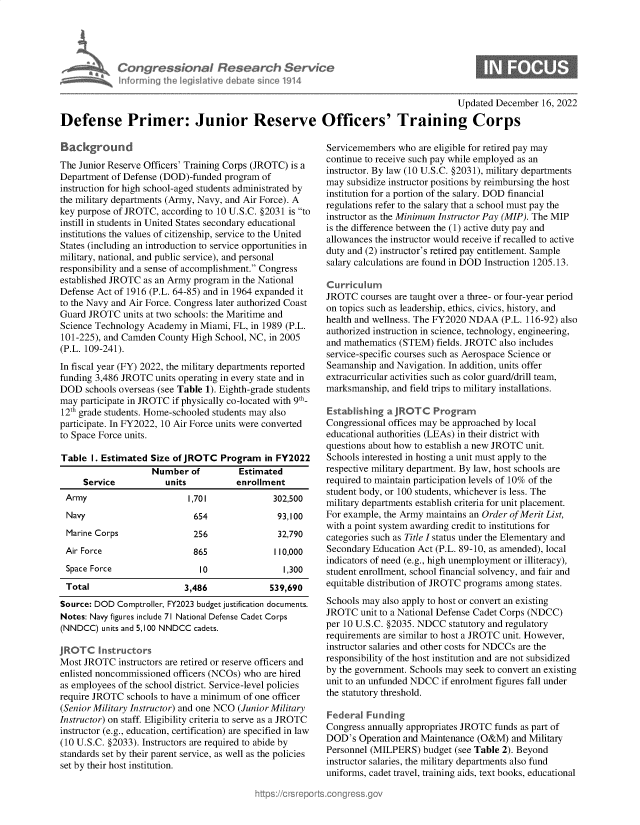 handle is hein.crs/govejun0001 and id is 1 raw text is: Congressional Research Service
Informing the Iegitive debate since 1914

Updated December 16, 2022

Defense Primer: Junior Reserve Officers' Training Corps

The Junior Reserve Officers' Training Corps (JROTC) is a
Department of Defense (DOD)-funded program of
instruction for high school-aged students administrated by
the military departments (Army, Navy, and Air Force). A
key purpose of JROTC, according to 10 U.S.C. §2031 is to
instill in students in United States secondary educational
institutions the values of citizenship, service to the United
States (including an introduction to service opportunities in
military, national, and public service), and personal
responsibility and a sense of accomplishment. Congress
established JROTC as an Army program in the National
Defense Act of 1916 (P.L. 64-85) and in 1964 expanded it
to the Navy and Air Force. Congress later authorized Coast
Guard JROTC units at two schools: the Maritime and
Science Technology Academy in Miami, FL, in 1989 (P.L.
101-225), and Camden County High School, NC, in 2005
(P.L. 109-241).
In fiscal year (FY) 2022, the military departments reported
funding 3,486 JROTC units operating in every state and in
DOD schools overseas (see Table 1). Eighth-grade students
may participate in JROTC if physically co-located with 9th_
12th grade students. Home-schooled students may also
participate. In FY2022, 10 Air Force units were converted
to Space Force units.
Table I. Estimated Size of JROTC Program in FY2022
Number of         Estimated
Service          units          enrollment
Army                      1,701            302,500
Navy                      654               93,100
Marine Corps              256               32,790
Air Force                  865             1 10,000
Space Force                 10               1,300
Total                    3,486            539,690
Source: DOD Comptroller, FY2023 budget justification documents.
Notes: Navy figures include 71 National Defense Cadet Corps
(NNDCC) units and 5,100 NNDCC cadets.
JROTC instructors
Most JROTC instructors are retired or reserve officers and
enlisted noncommissioned officers (NCOs) who are hired
as employees of the school district. Service-level policies
require JROTC schools to have a minimum of one officer
(Senior Military Instructor) and one NCO (Junior Military
Instructor) on staff. Eligibility criteria to serve as a JROTC
instructor (e.g., education, certification) are specified in law
(10 U.S.C. §2033). Instructors are required to abide by
standards set by their parent service, as well as the policies
set by their host institution.

Servicemembers who are eligible for retired pay may
continue to receive such pay while employed as an
instructor. By law (10 U.S.C. §203 1), military departments
may subsidize instructor positions by reimbursing the host
institution for a portion of the salary. DOD financial
regulations refer to the salary that a school must pay the
instructor as the Minimum Instructor Pay (MIP). The MIP
is the difference between the (1) active duty pay and
allowances the instructor would receive if recalled to active
duty and (2) instructor's retired pay entitlement. Sample
salary calculations are found in DOD Instruction 1205.13.
Curriculum
JROTC courses are taught over a three- or four-year period
on topics such as leadership, ethics, civics, history, and
health and wellness. The FY2020 NDAA (P.L. 116-92) also
authorized instruction in science, technology, engineering,
and mathematics (STEM) fields. JROTC also includes
service-specific courses such as Aerospace Science or
Seamanship and Navigation. In addition, units offer
extracurricular activities such as color guard/drill team,
marksmanship, and field trips to military installations.
Establishing a JROTC Program
Congressional offices may be approached by local
educational authorities (LEAs) in their district with
questions about how to establish a new JROTC unit.
Schools interested in hosting a unit must apply to the
respective military department. By law, host schools are
required to maintain participation levels of 10% of the
student body, or 100 students, whichever is less. The
military departments establish criteria for unit placement.
For example, the Army maintains an Order of Merit List,
with a point system awarding credit to institutions for
categories such as Title I status under the Elementary and
Secondary Education Act (P.L. 89-10, as amended), local
indicators of need (e.g., high unemployment or illiteracy),
student enrollment, school financial solvency, and fair and
equitable distribution of JROTC programs among states.
Schools may also apply to host or convert an existing
JROTC unit to a National Defense Cadet Corps (NDCC)
per 10 U.S.C. §2035. NDCC statutory and regulatory
requirements are similar to host a JROTC unit. However,
instructor salaries and other costs for NDCCs are the
responsibility of the host institution and are not subsidized
by the government. Schools may seek to convert an existing
unit to an unfunded NDCC if enrolment figures fall under
the statutory threshold.
Federal Funding
Congress annually appropriates JROTC funds as part of
DOD's Operation and Maintenance (O&M) and Military
Personnel (MILPERS) budget (see Table 2). Beyond
instructor salaries, the military departments also fund
uniforms, cadet travel, training aids, text books, educational


