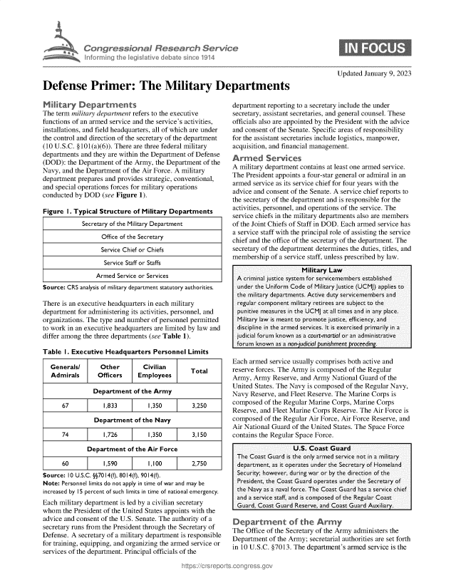 handle is hein.crs/govekdu0001 and id is 1 raw text is: Congr ssiona IRtes arch Servtce
informingi Lh egsaive deba t 1914

Updated January 9, 2023

Defense Primer: The Military Departments

Military Departments
The term military department refers to the executive
functions of an armed service and the service's activities,
installations, and field headquarters, all of which are under
the control and direction of the secretary of the department
(10 U.S.C. §101(a)(6)). There are three federal military
departments and they are within the Department of Defense
(DOD): the Department of the Army, the Department of the
Navy, and the Department of the Air Force. A military
department prepares and provides strategic, conventional,
and special operations forces for military operations
conducted by DOD (see Figure 1).
Figure I. Typical Structure of Military Departments
Secretary of the Military Department
Office of the Secretary
Service Chief or Chiefs
Service Staff or Staffs
Armed Service or Services
Source: CRS analysis of military department statutory authorities.
There is an executive headquarters in each military
department for administering its activities, personnel, and
organizations. The type and number of personnel permitted
to work in an executive headquarters are limited by law and
differ among the three departments (see Table 1).
Table I. Executive Headquarters Personnel Limits
Generals/      Other        Civilian       Total
Admirals      Officers    Employees
Department of the Army
67          1,833         1,350        3,250
Department of the Navy
74          1,726         1,350        3,150
Department of the Air Force
60          1,590         1,100        2,750
Source: 10 U.S.C. §§7014(f), 8014(f), 9014(f).
Note: Personnel limits do not apply in time of war and may be
increased by 15 percent of such limits in time of national emergency.
Each military department is led by a civilian secretary
whom the President of the United States appoints with the
advice and consent of the U.S. Senate. The authority of a
secretary runs from the President through the Secretary of
Defense. A secretary of a military department is responsible
for training, equipping, and organizing the armed service or
services of the department. Principal officials of the

department reporting to a secretary include the under
secretary, assistant secretaries, and general counsel. These
officials also are appointed by the President with the advice
and consent of the Senate. Specific areas of responsibility
for the assistant secretaries include logistics, manpower,
acquisition, and financial management.
Armed Services
A military department contains at least one armed service.
The President appoints a four-star general or admiral in an
armed service as its service chief for four years with the
advice and consent of the Senate. A service chief reports to
the secretary of the department and is responsible for the
activities, personnel, and operations of the service. The
service chiefs in the military departments also are members
of the Joint Chiefs of Staff in DOD. Each armed service has
a service staff with the principal role of assisting the service
chief and the office of the secretary of the department. The
secretary of the department determines the duties, titles, and
membership of a service staff, unless prescribed by law.
Military Law
A criminal justice system for servicemembers established
under the Uniform Code of Military justice (UCMJ) applies to
the military departments. Active duty servicemembers and
regular component military retirees are subject to the
punitive measures in the UCMJ at all times and in any place.
Military law is meant to promote justice, efficiency, and
discipline in the armed services. It is exercised primarily in a
judicial forum known as a court-martial or an administrative
forum known as a non-judicial punishment proceeding.
Each armed service usually comprises both active and
reserve forces. The Army is composed of the Regular
Army, Army Reserve, and Army National Guard of the
United States. The Navy is composed of the Regular Navy,
Navy Reserve, and Fleet Reserve. The Marine Corps is
composed of the Regular Marine Corps, Marine Corps
Reserve, and Fleet Marine Corps Reserve. The Air Force is
composed of the Regular Air Force, Air Force Reserve, and
Air National Guard of the United States. The Space Force
contains the Regular Space Force.
U.S. Coast Guard
The Coast Guard is the only armed service not in a military
department, as it operates under the Secretary of Homeland
Security; however, during war or by the direction of the
President, the Coast Guard operates under the Secretary of
the Navy as a naval force. The Coast Guard has a service chief
and a service staff, and is composed of the Regular Coast
Guard, Coast Guard Reserve, and Coast Guard Auxiliary.
Department of the Army
The Office of the Secretary of the Army administers the
Department of the Army; secretarial authorities are set forth
in 10 U.S.C. §7013. The department's armed service is the


