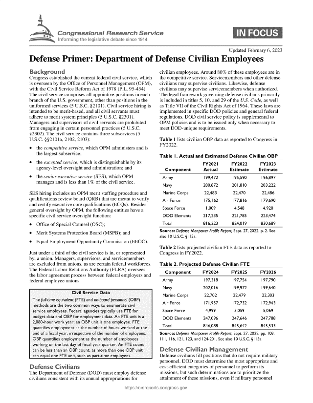 handle is hein.crs/govekma0001 and id is 1 raw text is: Sinforming

3rch Servic
since 1914

Updated February 6, 2023
Defense Primer: Department of Defense Civilian Employees

Background
Congress established the current federal civil service, which
is overseen by the Office of Personnel Management (OPM),
with the Civil Service Reform Act of 1978 (P.L. 95-454).
The civil service comprises all appointive positions in each
branch of the U.S. government, other than positions in the
uniformed services (5 U.S.C. §2101). Civil service hiring is
intended to be merit-based, and all civil servants must
adhere to merit system principles (5 U.S.C. §2301).
Managers and supervisors of civil servants are prohibited
from engaging in certain personnel practices (5 U.S.C.
§2302). The civil service contains three subservices (5
U.S.C. §§2101a, 2102, 2103):
 the competitive service, which OPM administers and is
the largest subservice;
* the excepted service, which is distinguishable by its
agency-level oversight and administration; and
* the senior executive service (SES), which OPM
manages and is less than 1% of the civil service.
SES hiring includes an OPM merit staffing procedure and
qualifications review board (QRB) that are meant to verify
and certify executive core qualifications (ECQs). Besides
general oversight by OPM, the following entities have a
specific civil service oversight function:
* Office of Special Counsel (OSC);
* Merit Systems Protection Board (MSPB); and
* Equal Employment Opportunity Commission (EEOC).
Just under a third of the civil service is in, or represented
by, a union. Managers, supervisors, and servicemembers
are excluded from unions, as are certain federal workforces.
The Federal Labor Relations Authority (FLRA) oversees
the labor agreement process between federal employers and
federal employee unions.
Civil Service Data
The full-time equivalent (FTE) and on-board personnel (OBP)
methods are the two common ways to enumerate civil
service employees. Federal agencies typically use FTE for
budget data and OBP for employment data. An FTE unit is a
2,080-hour work year; an OBP unit is one employee. FTE
quantifies employment as the number of hours worked at the
end of a fiscal year, irrespective of the number of employees.
OBP quantifies employment as the number of employees
working on the last day of fiscal year quarter. An FTE count
can be less than an OBP count, as more than one OBP unit
can equal one FTE unit, such as part-time employees.
Defense Civilians
The Department of Defense (DOD) must employ defense
civilians consistent with its annual appropriations for

civilian employees. Around 80% of these employees are in
the competitive service. Servicemembers and other defense
civilians may supervise civilians. Likewise, defense
civilians may supervise servicemembers when authorized.
The legal framework governing defense civilians primarily
is included in titles 5, 10, and 29 of the U.S. Code, as well
as Title VII of the Civil Rights Act of 1964. These laws are
implemented in specific DOD policies and general federal
regulations. DOD civil service policy is supplemental to
OPM policies and is to be issued only when necessary to
meet DOD-unique requirements.
Table 1 lists civilian OBP data as reported to Congress in
FY2022.
Table I. Actual and Estimated Defense Civilian OBP
FY2021      FY2022      FY2023
Component       Actual      Estimate    Estimate
Army              199,472     195,590     196,897
Navy             200,872     201,810      203,222
Marine Corps      22,483      22,470      22,486
Air Force        175,162      177,816     179,690
Space Force       1,009       4,548        4,920
DOD Elements     217,235     221,785      223,474
Total            816,223      824,019     830,689
Source: Defense Manpower Profile Report Sept. 27, 2022, p. 2. See
also 10 U.S.C. § 15a.
Table 2 lists projected civilian FTE data as reported to
Congress in FY2022.
Table 2. Projected Defense Civilian FTE
Component       FY2024      FY2025      FY2026
Army              197,318     197,754     197,790
Navy             202,016      199,972     199,640
Marine Corps      22,702      22,479      22,303
Air Force        171,957      172,732     172,943
Space Force       4,999       5,059        5,069
DOD Elements     247,096     247,646      247,788
Total            846,088      845,642     845,533
Source: Defense Manpower Profile Report, Sept. 27, 2022, pp. 108,
I1, 116, 121, 123, and  124-201. See also  10  U.S.C. §I 15a.
Defense Cihan Management
Defense civilians fill positions that do not require military
personnel. DOD must determine the most appropriate and
cost-efficient categories of personnel to perform its
missions, but such determinations are to prioritize the
attainment of these missions, even if military personnel

~ss onoI fRes
he. liltive d ba


