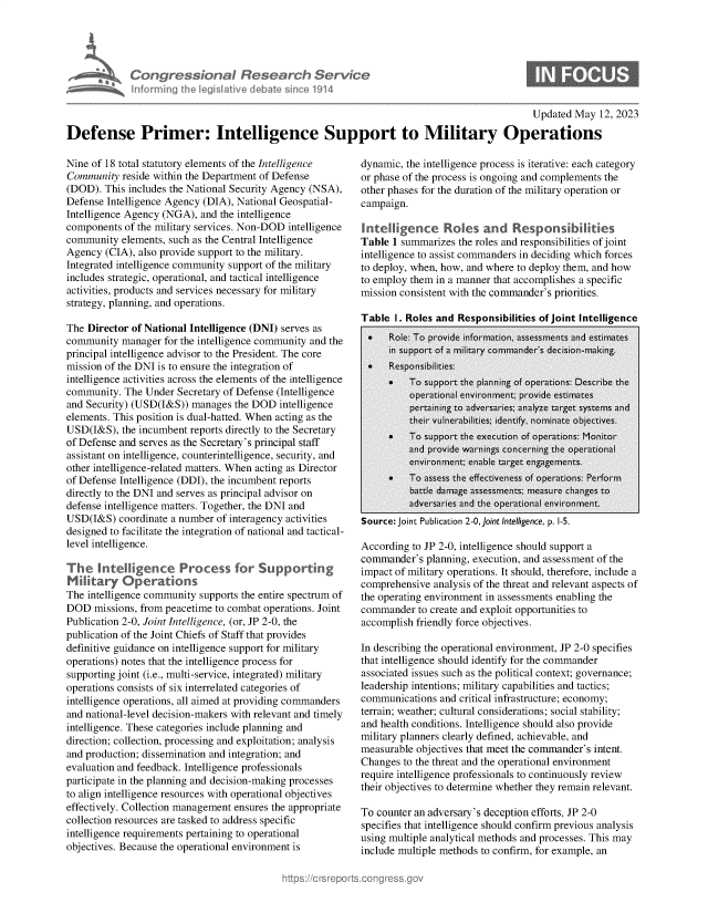 handle is hein.crs/govelpk0001 and id is 1 raw text is: 






ii fo rn


r  sWonal Res ar I, SerVc
~otvLavIativedeba~


0


                                                                                              Updated May  12, 2023

Defense Primer: Intelligence Support to Military Operations


Nine of 18 total statutory elements of the Intelligence
Community  reside within the Department of Defense
(DOD).  This includes the National Security Agency (NSA),
Defense Intelligence Agency (DIA), National Geospatial-
Intelligence Agency (NGA), and the intelligence
components  of the military services. Non-DOD intelligence
community  elements, such as the Central Intelligence
Agency  (CIA), also provide support to the military.
Integrated intelligence community support of the military
includes strategic, operational, and tactical intelligence
activities, products and services necessary for military
strategy, planning, and operations.

The Director of National Intelligence (DNI) serves as
community  manager  for the intelligence community and the
principal intelligence advisor to the President. The core
mission of the DNI is to ensure the integration of
intelligence activities across the elements of the intelligence
community.  The Under Secretary of Defense (Intelligence
and Security) (USD(I&S)) manages  the DOD  intelligence
elements. This position is dual-hatted. When acting as the
USD(I&S),  the incumbent reports directly to the Secretary
of Defense and serves as the Secretary's principal staff
assistant on intelligence, counterintelligence, security, and
other intelligence-related matters. When acting as Director
of Defense Intelligence (DDI), the incumbent reports
directly to the DNI and serves as principal advisor on
defense intelligence matters. Together, the DNI and
USD(I&S)   coordinate a number of interagency activities
designed to facilitate the integration of national and tactical-
level intelligence.

The   lntellgence Process for Supporting
M  ilitary Operations
The intelligence community supports the entire spectrum of
DOD   missions, from peacetime to combat operations. Joint
Publication 2-0, Joint Intelligence, (or, JP 2-0, the
publication of the Joint Chiefs of Staff that provides
definitive guidance on intelligence support for military
operations) notes that the intelligence process for
supporting joint (i.e., multi-service, integrated) military
operations consists of six interrelated categories of
intelligence operations, all aimed at providing commanders
and national-level decision-makers with relevant and timely
intelligence. These categories include planning and
direction; collection, processing and exploitation; analysis
and production; dissemination and integration; and
evaluation and feedback. Intelligence professionals
participate in the planning and decision-making processes
to align intelligence resources with operational objectives
effectively. Collection management ensures the appropriate
collection resources are tasked to address specific
intelligence requirements pertaining to operational
objectives. Because the operational environment is


dynamic, the intelligence process is iterative: each category
or phase of the process is ongoing and complements the
other phases for the duration of the military operation or
campaign.

Intelligence Roles and Responsitilities
Table 1 summarizes  the roles and responsibilities of joint
intelligence to assist commanders in deciding which forces
to deploy, when, how, and where to deploy them, and how
to employ them in a manner that accomplishes a specific
mission consistent with the commander's priorities.

Table  I. Roles and Responsibilities of Joint Intelligence


Source: Joint Publication 2-0, joint Intelligence, p. 1-5.


According to JP 2-0, intelligence should support a
commander's  planning, execution, and assessment of the
impact of military operations. It should, therefore, include a
comprehensive  analysis of the threat and relevant aspects of
the operating environment in assessments enabling the
commander   to create and exploit opportunities to
accomplish friendly force objectives.

In describing the operational environment, JP 2-0 specifies
that intelligence should identify for the commander
associated issues such as the political context; governance;
leadership intentions; military capabilities and tactics;
communications  and critical infrastructure; economy;
terrain; weather; cultural considerations; social stability;
and health conditions. Intelligence should also provide
military planners clearly defined, achievable, and
measurable objectives that meet the commander's intent.
Changes  to the threat and the operational environment
require intelligence professionals to continuously review
their objectives to determine whether they remain relevant.

To counter an adversary's deception efforts, JP 2-0
specifies that intelligence should confirm previous analysis
using multiple analytical methods and processes. This may
include multiple methods to confirm, for example, an


