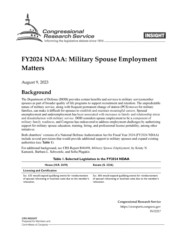 handle is hein.crs/govemma0001 and id is 1 raw text is: 








              Congressional                                                     ____
          '.Research Service






FY2024 NDAA: Military Spouse Employment

Matters



August 9,   2023


Background

The Department of Defense (DOD) provides certain benefits and services to military servicemember
spouses as part of broader quality of life programs to support recruitment and retention. The unpredictable
nature of military service, along with frequent permanent change of station (PCS) moves for military
families, can make it difficult for spouses to establish and maintain meaningful careers. Spousal
unemployment  and underemployment has been associated with increases in family and relationship stress
and dissatisfaction with military service. DOD considers spouse employment to be a component of
military family readiness, and Congress has endeavored to address employment challenges by authorizing
support for military spouse education, training, hiring, and professional license portability, among other
initiatives.
Both chambers' versions of a National Defense Authorization Act for Fiscal Year 2024 (FY2024 NDAA)
include several provisions that would provide additional support to military spouses and expand existing
authorities (see Table 1).
For additional background, see CRS Report R46498, Military Spouse Employment, by Kristy N.
Kamarck, Barbara L. Schwemle, and Sofia Plagakis .

                     Table I. Selected Legislation in the FY2024 NDAA
                House (H.R. 2670)              Senate (S. 2226)
 Licensing and Certification


Sec. 635 would expand qualifying events for reimbursement
of spousal relicensing or business costs due to the member's
relocation.


Sec. 606 would expand qualifying events for reimbursement
of spousal relicensing or business costs due to the member's
relocation.


Congressional Research Service
  https://crsreports.congress.gov
                     IN12217


CRS INSIGHT
Prepared for Members and
Committees of Congress -



