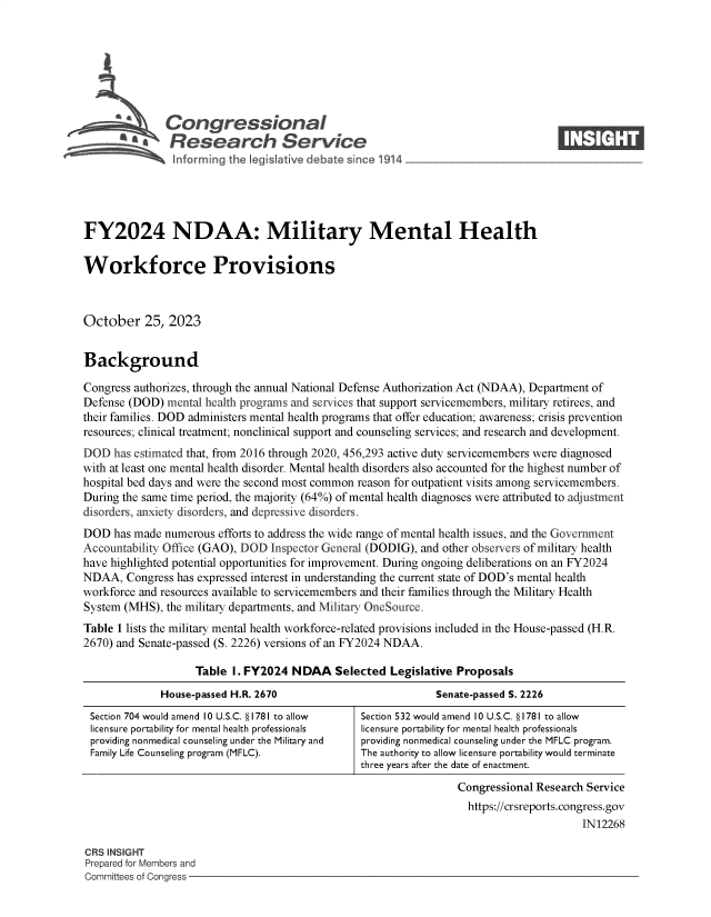 handle is hein.crs/govengq0001 and id is 1 raw text is: 







              Congressional                                                       ____
           ~   Research Service






FY2024 NDAA: Military Mental Health

Workforce Provisions



October 25, 2023


Background

Congress authorizes, through the annual National Defense Authorization Act (NDAA), Department of
Defense (DOD)  mental health programs and services that support servicemembers, military retirees, and
their families. DOD administers mental health programs that offer education; awareness; crisis prevention
resources; clinical treatment; nonclinical support and counseling services; and research and development.
DOD  has estimated that, from 2016 through 2020, 456,293 active duty servicemembers were diagnosed
with at least one mental health disorder. Mental health disorders also accounted for the highest number of
hospital bed days and were the second most common reason for outpatient visits among servicemembers.
During the same time period, the majority (64%) of mental health diagnoses were attributed to adjustment
disorders, anxiety disorders, and depressive disorders.
DOD  has made numerous  efforts to address the wide range of mental health issues, and the Government
Accountability Office (GAO), DOD Inspector General (DODIG), and other observers of military health
have highlighted potential opportunities for improvement. During ongoing deliberations on an FY2024
NDAA,   Congress has expressed interest in understanding the current state of DOD's mental health
workforce and resources available to servicemembers and their families through the Military Health
System (MHS), the military departments, and Military OneSource.
Table 1 lists the military mental health workforce-related provisions included in the House-passed (H.R.
2670) and Senate-passed (S. 2226) versions of an FY2024 NDAA.

                    Table I. FY2024 NDAA Selected Legislative Proposals
              House-passed H.R. 2670                         Senate-passed S. 2226
 Section 704 would amend 10 U.S.C. § 1781 to allow  Section 532 would amend 10 U.S.C. § 1781 to allow
 licensure portability for mental health professionals  licensure portability for mental health professionals
 providing nonmedical counseling under the Military and  providing nonmedical counseling under the MFLC program.
 Family Life Counseling program (MFLC).         The authority to allow licensure portability would terminate
                                                three years after the date of enactment.
                                                                 Congressional Research Service
                                                                   https://crsreports.congress.gov
                                                                                       IN12268

CRS INSIGHT
Prepared for Members and
Committees of Congress


