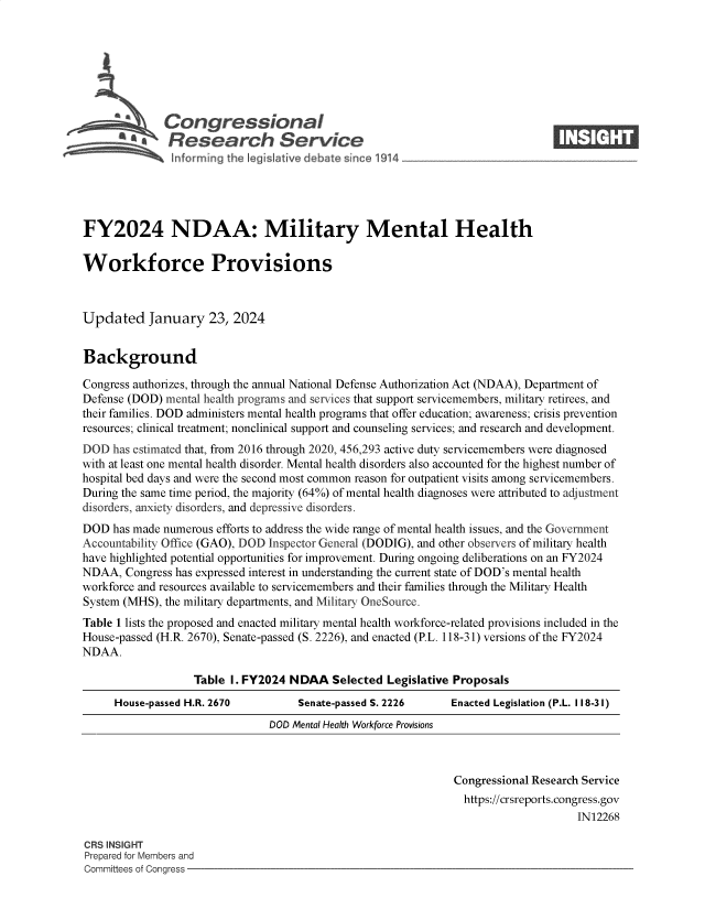handle is hein.crs/goveobv0001 and id is 1 raw text is: 







              Congressional                                                    ____
          SA  Research Service






FY2024 NDAA: Military Mental Health

Workforce Provisions



Updated January 23, 2024


Background

Congress authorizes, through the annual National Defense Authorization Act (NDAA), Department of
Defense (DOD) mental health programs and services that support servicemembers, military retirees, and
their families. DOD administers mental health programs that offer education; awareness; crisis prevention
resources; clinical treatment; nonclinical support and counseling services; and research and development.
DOD  has estimated that, from 2016 through 2020, 456,293 active duty servicemembers were diagnosed
with at least one mental health disorder. Mental health disorders also accounted for the highest number of
hospital bed days and were the second most common reason for outpatient visits among servicemembers.
During the same time period, the majority (64%) of mental health diagnoses were attributed to adjustment
disorders, anxiety disorders, and depressive disorders.
DOD  has made numerous efforts to address the wide range of mental health issues, and the Government
Accountability Office (GAO), DOD Inspector General (DODIG), and other observers of military health
have highlighted potential opportunities for improvement. During ongoing deliberations on an FY2024
NDAA,  Congress has expressed interest in understanding the current state of DOD's mental health
workforce and resources available to servicemembers and their families through the Military Health
System (MHS), the military departments, and Military OneSource.
Table 1 lists the proposed and enacted military mental health workforce-related provisions included in the
House-passed (H.R. 2670), Senate-passed (S. 2226), and enacted (P.L. 118-31) versions of the FY2024
NDAA.

                   Table I. FY2024 NDAA   Selected Legislative Proposals
     House-passed H.R. 2670         Senate-passed S. 2226     Enacted Legislation (P.L. 118-31)
                               DOD Mental Health Workforce Provisions



                                                              Congressional Research Service
                                                                https://crsreports.congress.gov
                                                                                   IN12268

CRS INSIGHT
Prepared for Members and
Committees of Congress


