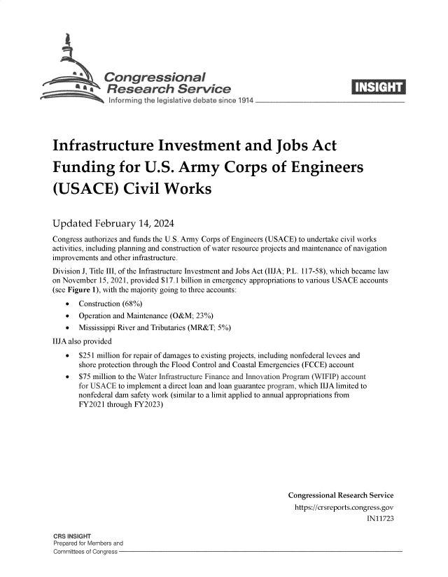 handle is hein.crs/goveoip0001 and id is 1 raw text is: 







             Congressional                                                ____
          '.Research Service






Infrastructure Investment and Jobs Act

Funding for U.S. Army Corps of Engineers

(USACE) Civil Works



Updated February 14, 2024

Congress authorizes and funds the U.S. Army Corps of Engineers (USACE) to undertake civil works
activities, including planning and construction of water resource projects and maintenance of navigation
improvements and other infrastructure.
Division J, Title III, of the Infrastructure Investment and Jobs Act (IIJA; P.L. 117-58), which became law
on November 15, 2021, provided $17.1 billion in emergency appropriations to various USACE accounts
(see Figure 1), with the majority going to three accounts:
      Construction (68%)
      Operation and Maintenance (O&M; 23%)
      Mississippi River and Tributaries (MR&T; 5%)
IIJA also provided
   *   $251 million for repair of damages to existing projects, including nonfederal levees and
       shore protection through the Flood Control and Coastal Emergencies (FCCE) account
   *   $75 million to the Water Infrastructure Finance and Innovation Program (WIFIP) account
       for USACE to implement a direct loan and loan guarantee program, which IIJA limited to
       nonfederal dam safety work (similar to a limit applied to annual appropriations from
       FY2021 through FY2023)










                                                           Congressional Research Service
                                                           https://crsreports.congress.gov
                                                                              IN11723


CRS INSIGHT
Prepared for Members and
Committees of Congress -


