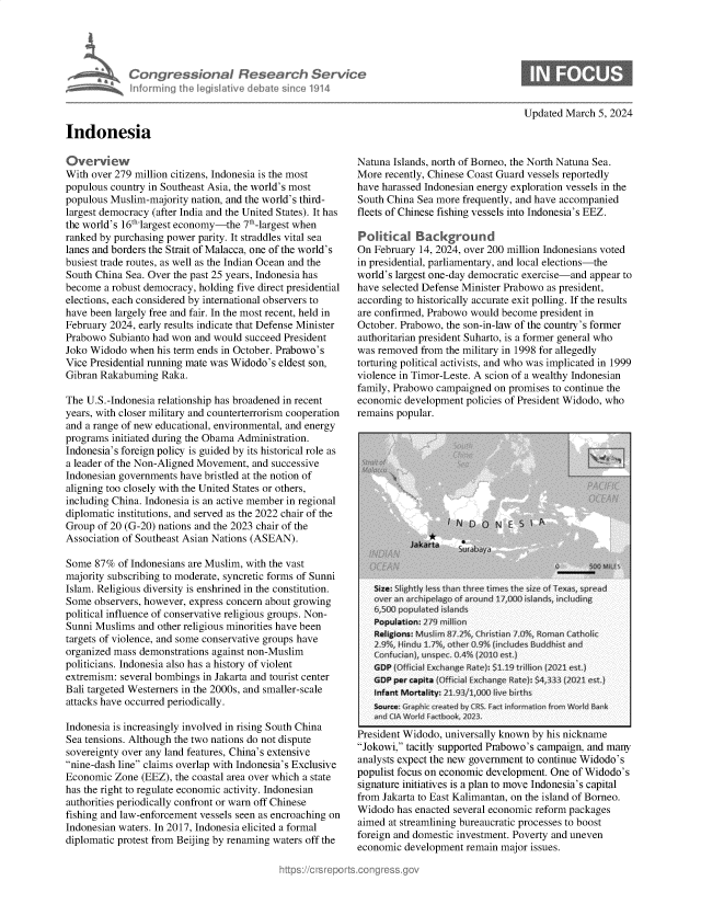 handle is hein.crs/goveond0001 and id is 1 raw text is: 





         Con re s nal Research Se
prem info rriing   the ieg It ve debat  sin o 1914


Updated March  5, 2024


Indonesia


Overview
With over 279 million citizens, Indonesia is the most
populous country in Southeast Asia, the world's most
populous Muslim-majority nation, and the world's third-
largest democracy (after India and the United States). It has
the world's 16th-largest economy-the 7th-largest when
ranked by purchasing power parity. It straddles vital sea
lanes and borders the Strait of Malacca, one of the world's
busiest trade routes, as well as the Indian Ocean and the
South China Sea. Over the past 25 years, Indonesia has
become  a robust democracy, holding five direct presidential
elections, each considered by international observers to
have been largely free and fair. In the most recent, held in
February 2024, early results indicate that Defense Minister
Prabowo  Subianto had won and would succeed President
Joko Widodo  when his term ends in October. Prabowo's
Vice Presidential running mate was Widodo's eldest son,
Gibran Rakabuming  Raka.

The U.S.-Indonesia relationship has broadened in recent
years, with closer military and counterterrorism cooperation
and a range of new educational, environmental, and energy
programs initiated during the Obama Administration.
Indonesia's foreign policy is guided by its historical role as
a leader of the Non-Aligned Movement, and successive
Indonesian governments have bristled at the notion of
aligning too closely with the United States or others,
including China. Indonesia is an active member in regional
diplomatic institutions, and served as the 2022 chair of the
Group  of 20 (G-20) nations and the 2023 chair of the
Association of Southeast Asian Nations (ASEAN).

Some  87%  of Indonesians are Muslim, with the vast
majority subscribing to moderate, syncretic forms of Sunni
Islam. Religious diversity is enshrined in the constitution.
Some  observers, however, express concern about growing
political influence of conservative religious groups. Non-
Sunni Muslims  and other religious minorities have been
targets of violence, and some conservative groups have
organized mass demonstrations against non-Muslim
politicians. Indonesia also has a history of violent
extremism: several bombings in Jakarta and tourist center
Bali targeted Westerners in the 2000s, and smaller-scale
attacks have occurred periodically.

Indonesia is increasingly involved in rising South China
Sea tensions. Although the two nations do not dispute
sovereignty over any land features, China's extensive
nine-dash line claims overlap with Indonesia's Exclusive
Economic  Zone (EEZ), the coastal area over which a state
has the right to regulate economic activity. Indonesian
authorities periodically confront or warn off Chinese
fishing and law-enforcement vessels seen as encroaching on
Indonesian waters. In 2017, Indonesia elicited a formal
diplomatic protest from Beijing by renaming waters off the


Natuna Islands, north of Borneo, the North Natuna Sea.
More recently, Chinese Coast Guard vessels reportedly
have harassed Indonesian energy exploration vessels in the
South China Sea more frequently, and have accompanied
fleets of Chinese fishing vessels into Indonesia's EEZ.

Pohitical   Background
On February 14, 2024, over 200 million Indonesians voted
in presidential, parliamentary, and local elections-the
world's largest one-day democratic exercise-and appear to
have selected Defense Minister Prabowo as president,
according to historically accurate exit polling. If the results
are confirmed, Prabowo would become president in
October. Prabowo, the son-in-law of the country's former
authoritarian president Suharto, is a former general who
was removed  from the military in 1998 for allegedly
torturing political activists, and who was implicated in 1999
violence in Timor-Leste. A scion of a wealthy Indonesian
family, Prabowo campaigned on promises to continue the
economic development  policies of President Widodo, who
remains popular.


i-resiaent w iaoao, universally Known Dy ms mckname
Jokowi, tacitly supported Prabowo's campaign, and many
analysts expect the new government to continue Widodo's
populist focus on economic development. One of Widodo's
signature initiatives is a plan to move Indonesia's capital
from Jakarta to East Kalimantan, on the island of Borneo.
Widodo  has enacted several economic reform packages
aimed at streamlining bureaucratic processes to boost
foreign and domestic investment. Poverty and uneven
economic development  remain major issues.


