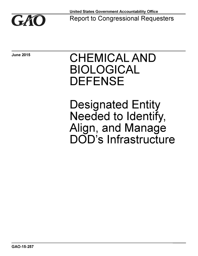 handle is hein.gao/gaobaajao0001 and id is 1 raw text is: 
GA~ O


June 2015


United States Government Accountability Office
Report to Congressional Requesters


CHEMICALAND
BIOLOGICAL
DEFENSE


Designated Entity
Needed to Identify,
Align, and Manage
DOD's Infrastructure


GAO-1 5-257


