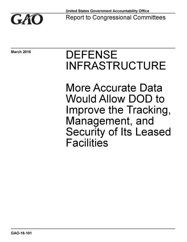 handle is hein.gao/gaobaajru0001 and id is 1 raw text is: 
GAPO


March 2016


United States Government Accountability Office
Report to Congressional Committees


DEFENSE
INFRASTRUCTURE


More Accurate Data
Would Allow DOD to
Improve the Tracking,
Management, and
Security of Its Leased
Facilities


GAO-16-101


