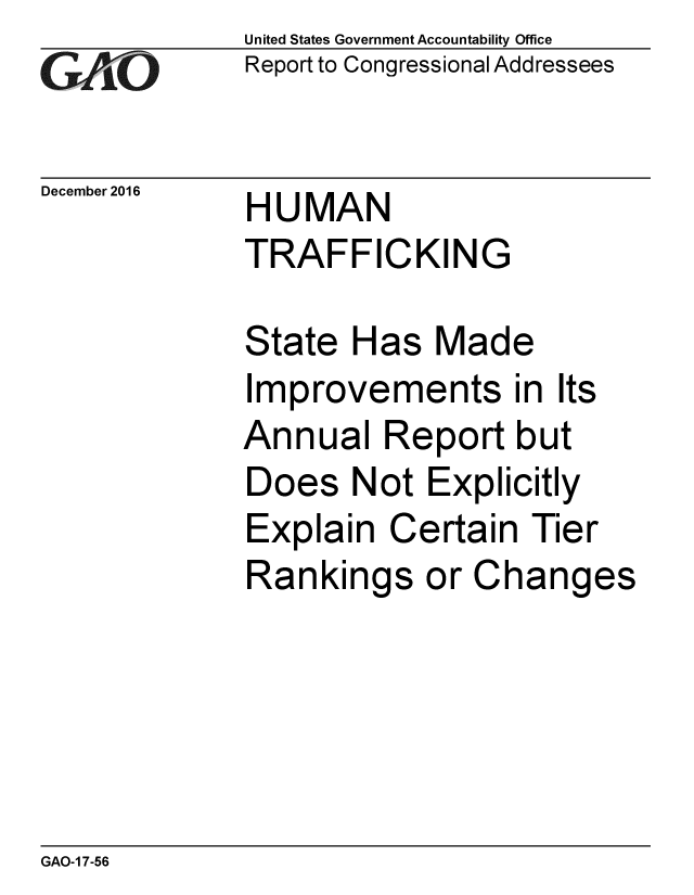 handle is hein.gao/gaobaakkt0001 and id is 1 raw text is: 
GAfjiO


December 2016


United States Government Accountability Office
Report to Congressional Addressees


HUMAN
TRAFFICKING


State Has Made
Improvements in Its
Annual Report but
Does Not Explicitly
Explain Certain Tier
Rankings or Changes


GAO-1 7-56


