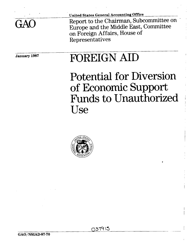 handle is hein.gao/gaobabohn0001 and id is 1 raw text is:                United States General Accounting Office
GAO            Report to the Chairman, Subcommittee on
               Europe and the Middle East, Committee
               on Foreign Affairs, House of
               Representatives
January 1987    FOREIGN       AID

                Potential for Diversion
                of Economic Support
                Funds to Unauthorized
                Use


                Ct)


GAO/NSIAD-87-70



