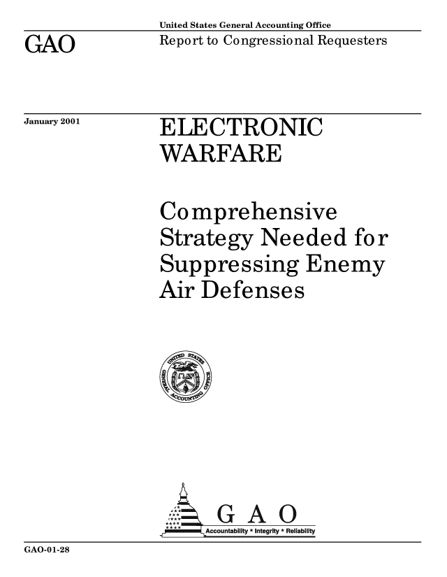 handle is hein.gao/gaobabxme0001 and id is 1 raw text is: United States General Accounting Office


GAO


Report to Congressional Requesters


January 2001


ELECTRONIC
WARFARE

Comprehensive
Strategy Needed for
Suppressing Enemy
Air Defenses







     Aol G A 0
.7= Accountability* *  * Integrity * Reliability


GAO-01-28


