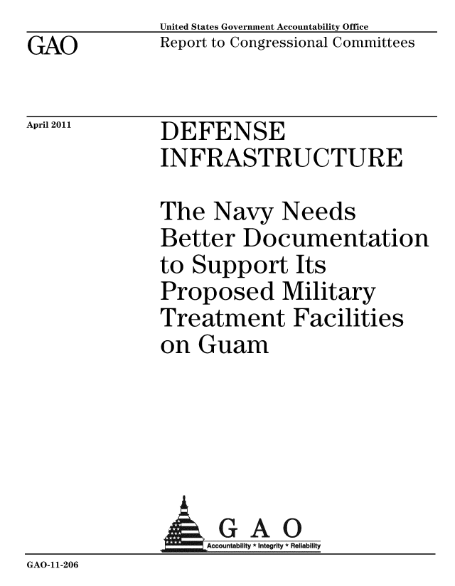 handle is hein.gao/gaobaceyx0001 and id is 1 raw text is: 
GAO


United States Government Accountability Office
Report to Congressional Committees


April 2011


DEFENSE
INFRASTRUCTURE


The Navy Needs
Better Documentation
to Support Its
Proposed Military
Treatment Facilities
on Guam


               AGAO
                  Accountability * Integrity * Reliability
GAO-11-206


