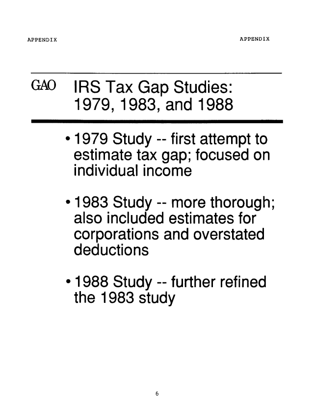 handle is hein.gao/gaobacilr0001 and id is 1 raw text is: 
APPENDIX


GAO IRS Tax Gap Studies:
      1979, 1983, and 1988

       1979 Study -- first attempt to
      estimate tax gap; focused on
      individual income

      * 1983 Study -- more thorough;
      also included estimates for
      corporations and overstated
      deductions

       1988 Study -- further refined
      the 1983 study


APPENDIX


