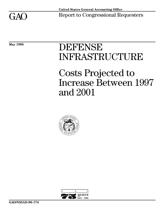 handle is hein.gao/gaobacolu0001 and id is 1 raw text is: United States General Accounting Office
Report to Congressional Requesters


GAO


May 1996


DEFENSE


INFRASTRUCTURE


Costs Projected to
Increase Between 1997
and 2001


G   A   0
17=  years
     1921 -1996


GAO/NSIAD-96-174


