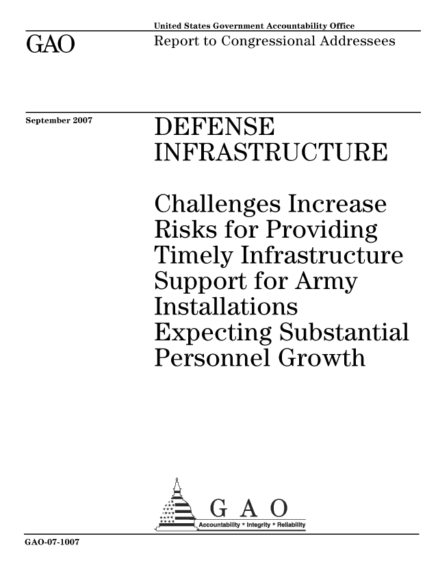 handle is hein.gao/gaocrptaukm0001 and id is 1 raw text is: GAO


United States Government Accountability Office
Report to Congressional Addressees


September 2007


DEFENSE
INFRASTRUCTURE


              Challenges Increase
              Risks for Providing
              Timely Infrastructure
              Support for Army
              Installations
              Expecting Substantial
              Personnel Growth





                   ccountability * Integrity * Reliability
GAO-07-1007


