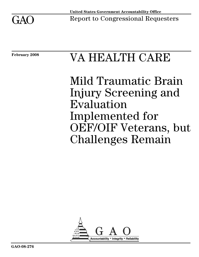 handle is hein.gao/gaocrptawfw0001 and id is 1 raw text is: GAO


United States Government Accountability Office
Report to Congressional Requesters


February 2008


VA HEALTH CARE


Mild Traumatic Brain
Injury Screening and
Evaluation
Implemented for
OEF/OIF Veterans, bi
Challenges Remain







     ccountability * Integrity * Reliability


GAO-08-276


it


