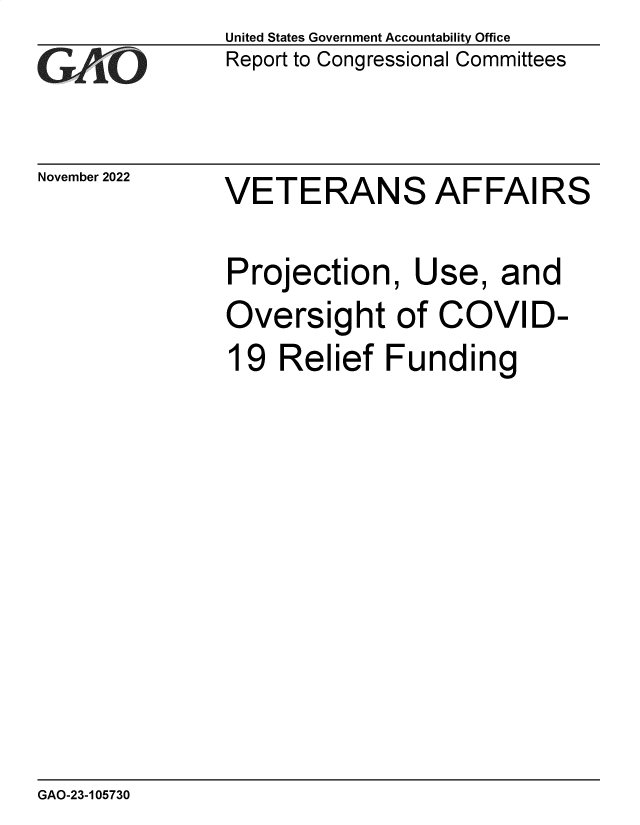handle is hein.gao/gaonye0001 and id is 1 raw text is: United States Government Accountability Office
Report to Congressional Committees

November 2022

VETERANS AFFAIRS

Projection, Use, and
Oversight of COVID-
19 Relief Funding

GAO-23-105730

T        -


