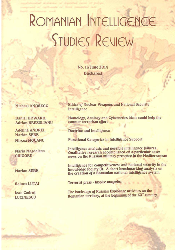 handle is hein.journals/rnigcessr11 and id is 1 raw text is: 



ROMANIAN



            STUDIE


Michael ANDREGG


Daniel HOWARD,
Adrian BREZULIANU
Adelina ANDREI,
Marian SEBE
Mircea MOCANU

Maria Magdalena
GRIGORE


Marian SEBE


Raluca LUTAI

loan Codrut
LUCINESCU


LLIGENCE


Ethics of Nuclear Weapons and National Security
Intelligence

Homology, Analogy and Cybernetics ideas could help the
counter-terrorism effort

Doctrine and Intelligence

Functional Categories in Intelligence Support

Intelligence analysis and possible intelligence failures.
Qualitative research accomplished on a particular case:
news on the Russian military presence in the Mediterranean

Intelligence for competitiveness and national security in the
knowledge society (1). A short benchmarking analysis on
the creation of a Romanian national intelligence system

Terrorist press - Inspire magazine

The backstage of Russian Espionage activities on the
Romanian territory, at the beginning of the XX century


