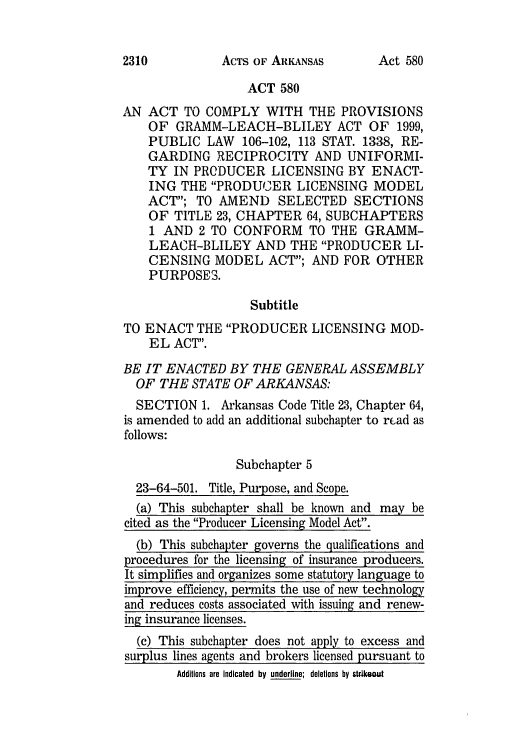 handle is hein.ssl/ssar0003 and id is 1 raw text is: ACTS OF ARIANSAS

ACT 580
AN ACT TO COMPLY WITH THE PROVISIONS
OF GRAMM-LEACH-BLILEY ACT OF 1999,
PUBLIC LAW 106-102, 113 STAT. 1338, RE-
GARDING RECIPROCITY AND UNIFORMI-
TY IN PRODUCER LICENSING BY ENACT-
ING THE PRODUCER LICENSING MODEL
ACT; TO AMEND SELECTED SECTIONS
OF TITLE 23, CHAPTER 64, SUBCHAPTERS
1 AND 2 TO CONFORM TO THE GRAMM-
LEACH-BLILEY AND THE PRODUCER LI-
CENSING MODEL ACT; AND FOR OTHER
PURPOSES.
Subtitle
TO ENACT THE PRODUCER LICENSING MOD-
EL ACT.
BE IT ENACTED BY THE GENERAL ASSEMBLY
OF THE STATE OF ARKANSAS:
SECTION 1. Arkansas Code Title 23, Chapter 64,
is amended to add an additional subchapter to rcad as
follows:
Subchapter 5
23-64-501. Title, Purpose, and Scope.
(a) This subchapter shall be known and may be
cited as the Producer Licensing Model Act.
(b) This subchapter governs the qualifications and
procedures for the licensing of insurance producers.
It simplifies and organizes some statutory language to
improve efficiency, permits the use of new technology
and reduces costs associated with issuing and renew-
ing insurance licenses.
(c) This subchapter does not apply to excess and
surplus lines agents and brokers licensed pursuant to
Additions are Indicated by underline; deletions by trikeou

2310

Act 580


