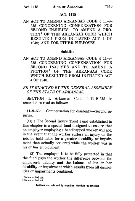handle is hein.ssl/ssar0056 and id is 1 raw text is: ACTS OF ARKANSAS

ACT 1415
AN ACT TO AMEND ARKANSAS CODE § 11-9-
525 CONCERNING        COMPENSATION       FOR
SECOND    INJURIES; TO AMEND A PRO-
TION1 OF THE ARKANSAS CODE WHICH
RESULTED FROM INITIATED ACT 4 OF
1948; AND FOR OTHER PURPOSES.
Subtitle
AN ACT TO AMEND ARKANSAS CODE § 11-9-
525 CONCERNING COMPENSATION FOR
SECOND     INJURIES AND      TO   AMEND     A
PROTION2 OF       THE    ARKANSAS      CODE
WHICH RESULTED FROM INITIATED ACT
4 OF 1948.
BE IT ENACTED BY THE GENERAL ASSEMBLY
OF THE STATE OF ARKANSAS:
SECTION     1. Arkansas   Code   § 11-9-525   is
amended to read as follows:
11-9-525. Compensation for disability-Second in-
juries.
(a)(1) The Second Injury Trust Fund established in
this chapter is a special fund designed to ensure that
an employer employing a handicapped worker will not,
in the event that the worker suffers an injury on the
job, be held liable for a greater disability or impair-
ment than actually occurred while the worker was in
his or her employment.
(2) The employee is to be fully protected in that
the fund pays the worker the difference between the
employer's liability and the balance of his or her
disability or impairment which results from all disabil-
ities or impairments combined.
1 So in enrolled act.
2 So in enrolled act.
Additions are indicated by underline; deletions by st.ikeout

7445

Act 1415


