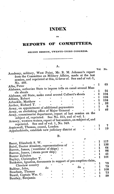 handle is hein.usccsset/usconset00276 and id is 1 raw text is: 






                           INDEX

                               TO


          REPORTS OF COMMITTEES,

             SECOND SESSION, TWENTY-THIRD CONGRESS.



                               A.
                                                         Vol. No.
 Academy, military, West Point, Mr. R. M. Johnson's report
     from the Committee on Military Affairs, made at the last
     session, and reprinted at this, in favor of. See end of vol, 1,
     No. 466.
-Alba, Peter                             -             - 1    65
Alabama, authorize State to impose tolls on canal around Mus-
     cle shoals                                 -         1   24
 Alabama, aid State, make canal around Colbert's shoals - 1  104
 Allison, Robert    -      -                           -  1  105
 Arbuckle, Matthew             -                       - 1   124
 Archer, Richard T. -      -             -                1 . 32
 Army, on appointment of additional paymasters            1    8
 Army, on abolishing office of Major General -         - 1    46
 Army, commissariat department, report of last session on the
     subject of, reprinted. See No. 315, end of vol. 1.
 Armory, western waters, report of last session, on subject of, and
     reprinted. See end of vol. 1, No. 349.
 Aspinwall, Thomas, consul, London           -         - 1     7
 Appalachicola, establish new judiciary district at    - 1    19
                                B.

 Bacot, Elizabeth S.W.      -.                         - 1   117
 Baird, Doctor Absalom, representatives of       -        1  136
 Barron, James, (ventilator of ships) -                   1.  64
 Barron, James, (steam prow ship)  -                      1   86
 Baxter Zebulon                                  -        1   41
 Bayley, Christopher T.     -                             1  101
 Bankston, Ignatius, documents in support of pre-emption claim,
      Choctaw country                 -                 - 1   79
 Balfour, John,         do                   do         - 1   79
 Beacham, Thomas            -                             1   108
 Beard, Captain Win. C.-    -             _               1   73
 Bentley, Benjamin          -         -      -          - 1   58


