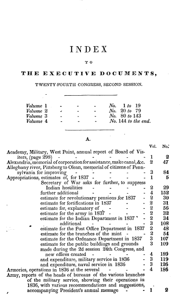 handle is hein.usccsset/usconset00301 and id is 1 raw text is: 







                          INDEX

                                TO

      THE EXECUTIVE DOCU MENTS,

            TWENTY-FOURTH CONGRESS, SECOND SESSION.



        Volume 1             -            No.   1 to 19
        Volume 2             -            _No. 20 to 79
        Volume 3                    -     No. 80 to 143
        Volume 4      -                   No. 144 to the end.


                                A.
                                                          Vol. NO.
Academy, Military, West Point, annual report of Board of Vis-
    iters, (page 298) .     .      .      .      .      .  1     2
Alexandria, memorial of corporation for assistance, make canal, &c. 2  47
Alleghany river, Pittsburg to Olean, memorial of citizens of Penn-
    sylvania for improving         -      -          -     3    84
Appropriations, estimates of, for 1837 --                  1     5
              Secretary of War asks for further, to suppress
                Indian hostilities -                    - 2     29
              further additional       -         -      - 4    152
              estimate for revolutionary pensions for 1837  - 2 30
              estimate for fortifications in 1837 -     - 2     31
              estimate for, explanatory of -     -      - 2     56
              estimate for the army in 1837 -    -      - 2     32
              estimate for the Indian Department in 1837 - 2  34
                      additional                        - 3    108
              estimate for the Post Office Department in 1837  2 48
              estimate for the branches of the mint -   - 2     54
              estimate for the Ordnance Department in 1837 3   107
              estimate for the public buildings and grounds 3  109
              made during the 2d session 24th Congress, and
                new offices created                        4   180
              and expenditure, military service in 1836 - 3  119
              and expenditure, naval service in 1836    - 3    126
Armories, operations in 1836 at the several  -   -      - 4    186
Army, reports of the heads of bureaus of the various branches
        of the military service, showing their operations in
        1836, with various recommendations and suggestions,
        accompanying President's annual message         - 1      2



